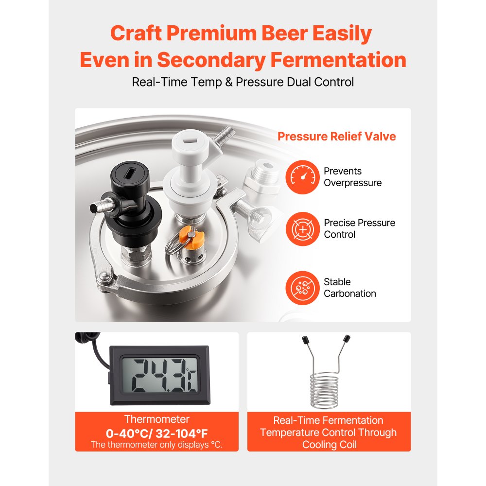 VEVOR Serbatoio di Fermentazione Conico per Produzione di Birra in Acciaio Inox da 60 Litri, Bollitore con Fondo Conico 3 Ruote, Botte di Fermentazione per Vino e Birra