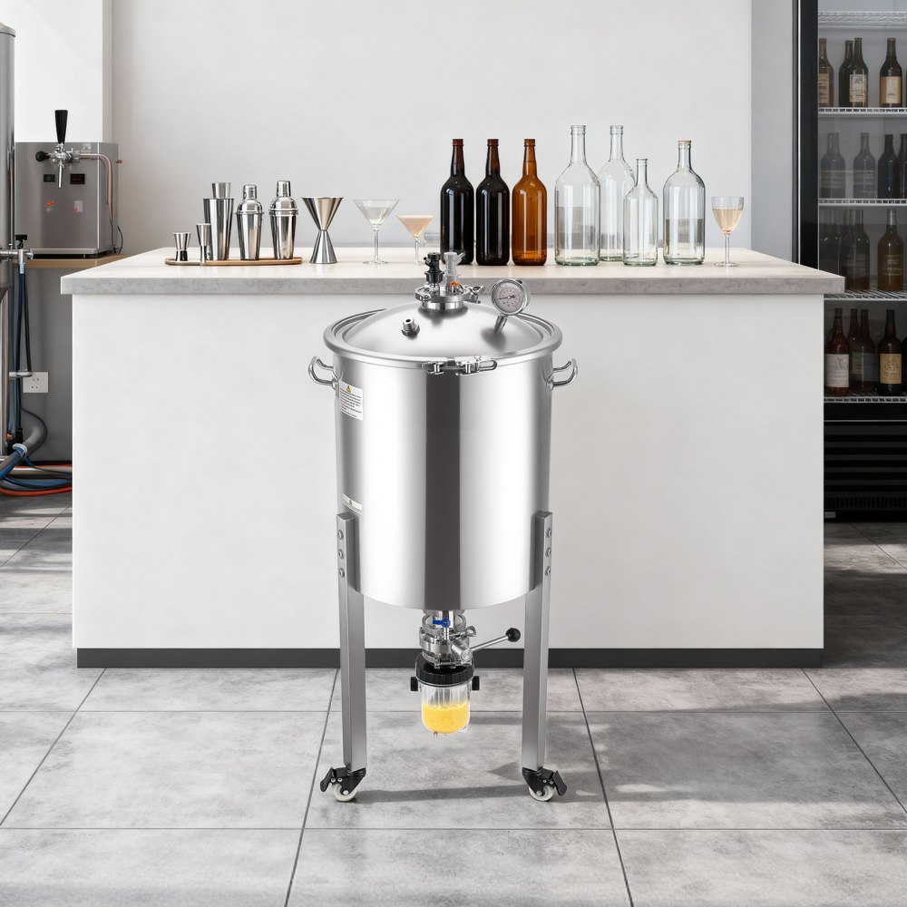 VEVOR Serbatoio di Fermentazione Conico per Produzione di Birra in Acciaio Inox da 60 Litri, Bollitore con Fondo Conico 3 Ruote, Botte di Fermentazione per Vino e Birra