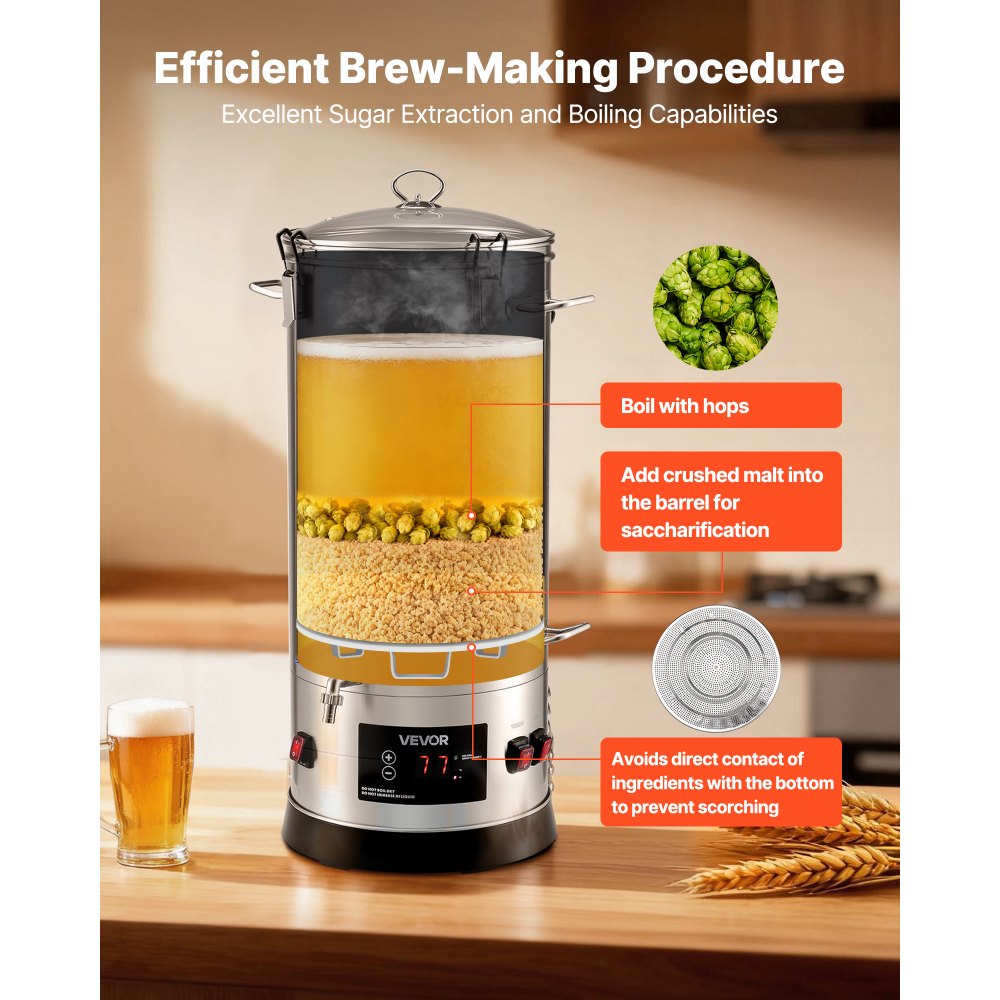 VEVOR Sistema di Attrezzatura Elettrica per Produzione di Birra, Bollitore per Birra 30 litri Uso Domestico, Cuocitore di Mosto con Canna Interna Maniglia Rubinetto, Kit Utensili per Homebrewing