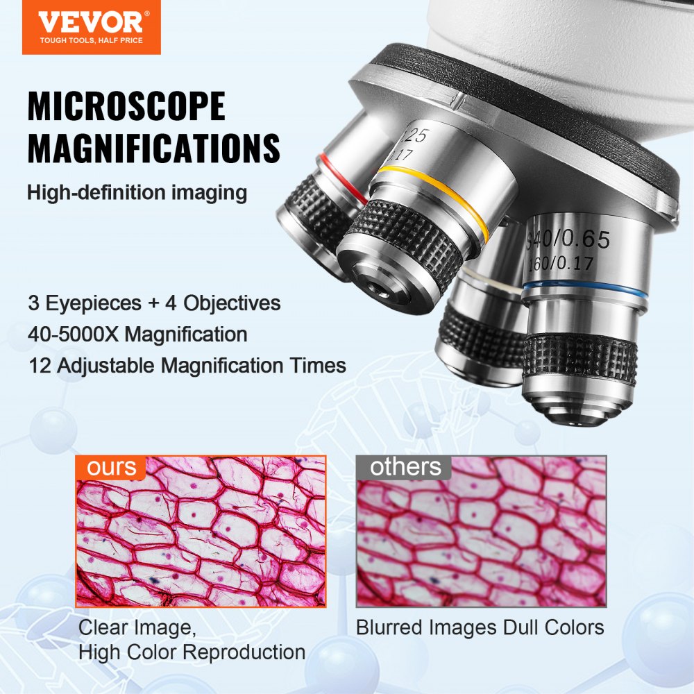 VEVOR Trinocular Microscope 10X, 25X, 2X Auxiliary Lens Compound Microscope, Objectives 4X, 10X, 40X, 100X, Laboratory Incident Light Microscope Magnification 40-5000, 100-240 V Laboratory Microscope Compound Microscope