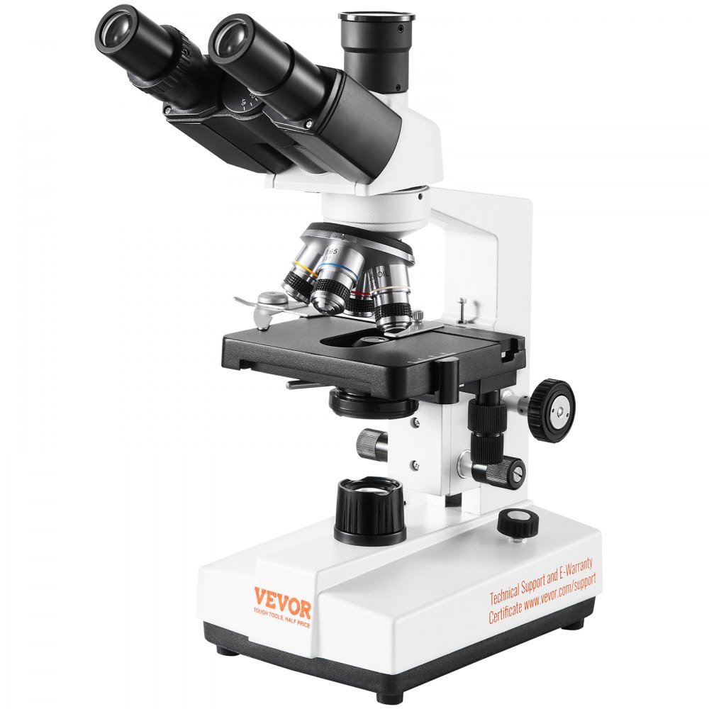VEVOR Trinocular Microscope 10X, 25X, 2X Auxiliary Lens Compound Microscope, Objectives 4X, 10X, 40X, 100X, Laboratory Incident Light Microscope Magnification 40-5000, 100-240 V Laboratory Microscope Compound Microscope