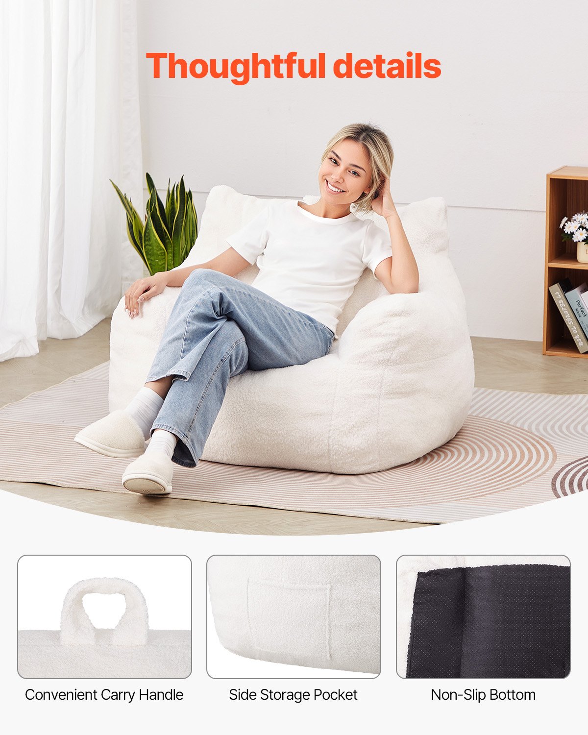 VEVOR Bean Bag Seat Cushion (920 x 900 x 685 mm) with Armrests & Storage Bag, Filled with 25D Memory Foam with Soft Teddy Velvet Cover, Bean Bag for Bedroom Playroom, White