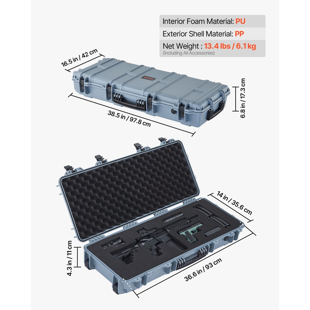 VEVOR Custodia Rigida per Fucile Dimensioni Esterni 97,8 x 42 x 17,3 cm, Custodia per Fucile Lungo, 4 Strati di Schiuma Pretagliata, Scatola per Armi IP67 Impermeabile Antipolvere, Grigio