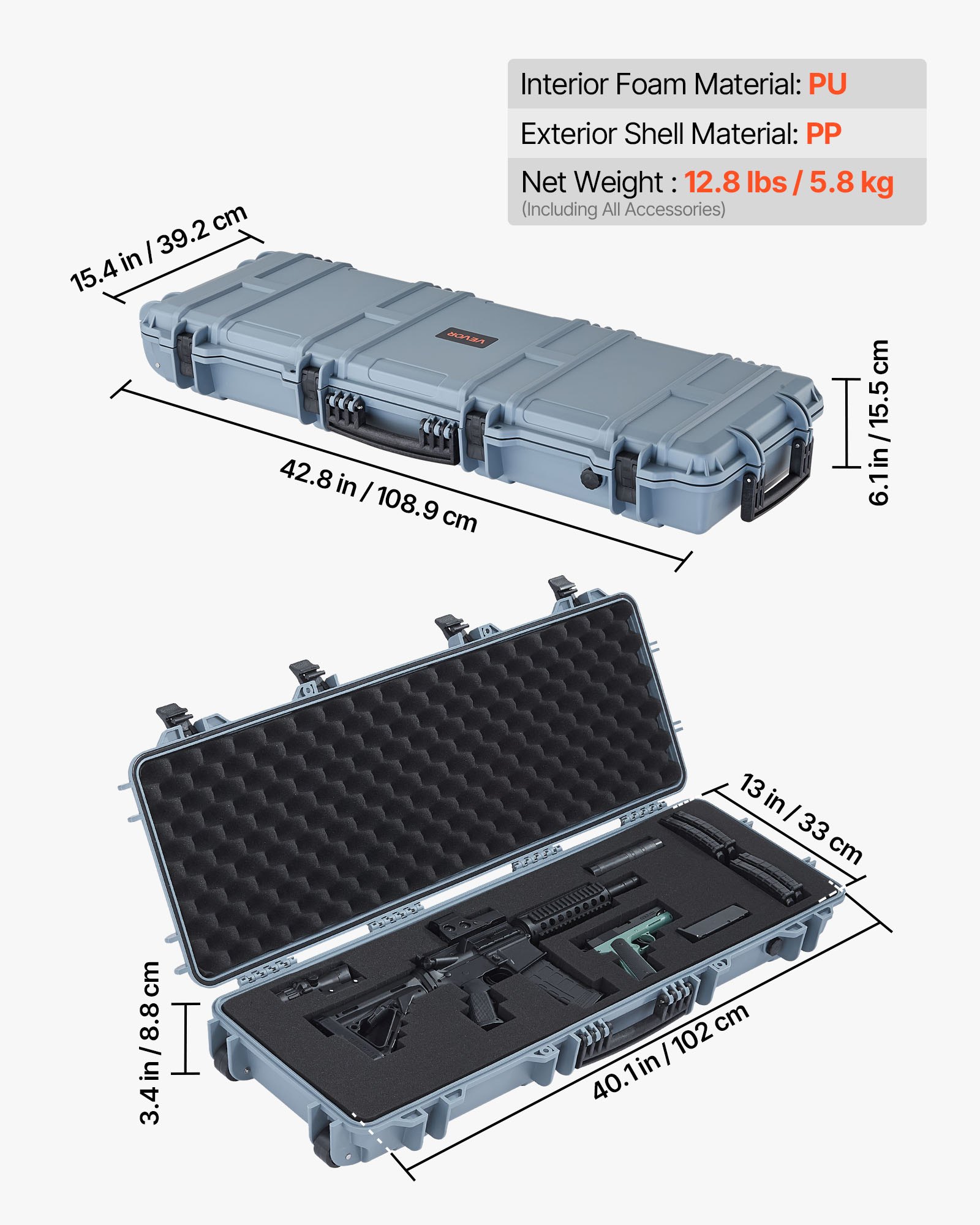 VEVOR Custodia Rigida per Fucile Dimensioni Esterni 1089x392x155 mm, Custodia per Fucile Lungo a Rotelle, Scatola per Armi Pistole IP67 Impermeabile Antipolvere, Grigio