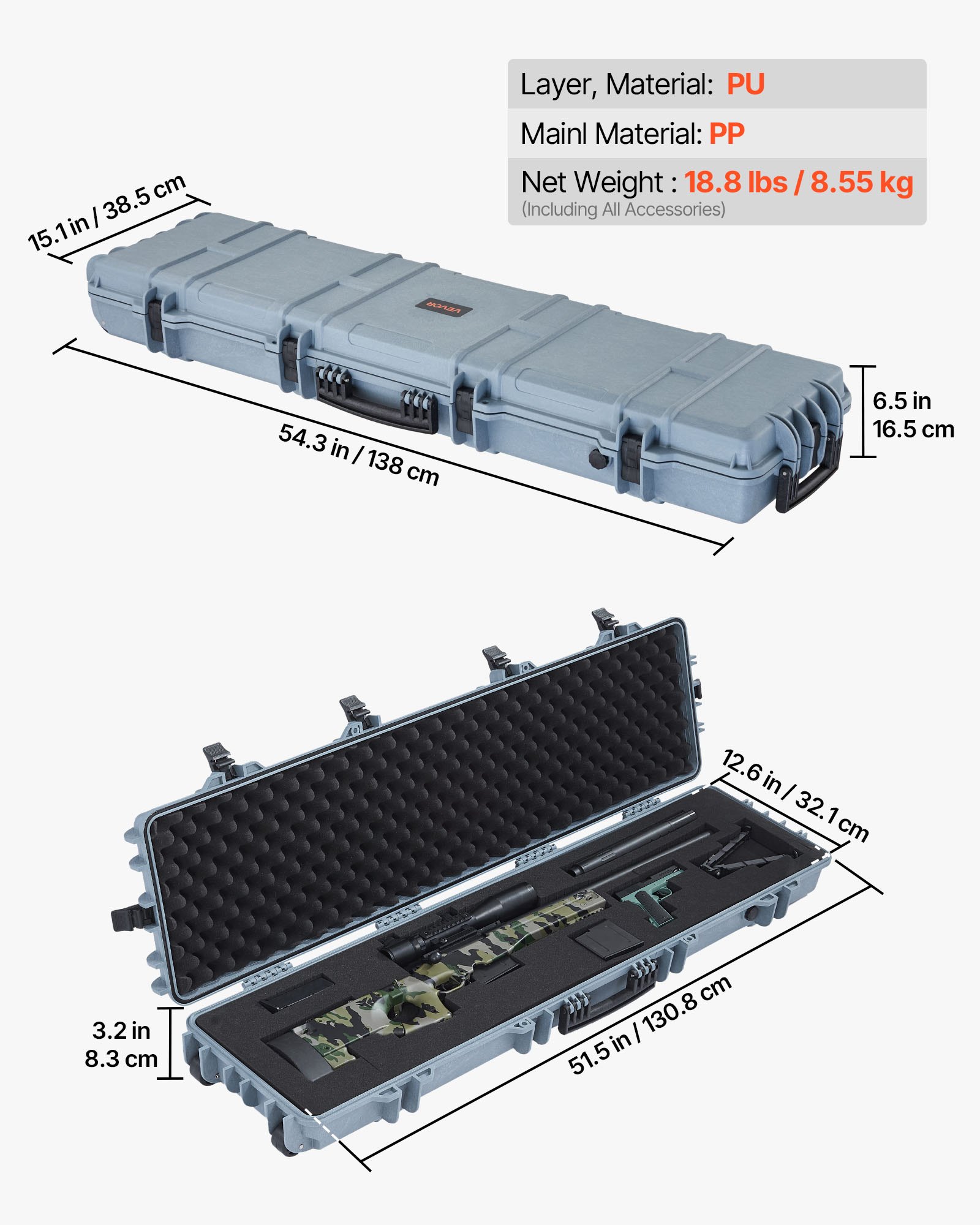 VEVOR Custodia Rigida per Fucile Dimensioni Esterni 138 x 38,5 x 16,5 cm, Custodia per Fucile Lungo con Manico, Scatola per Armi Pistole IP67 Impermeabile Antipolvere per Trasporto, Colore Grigio