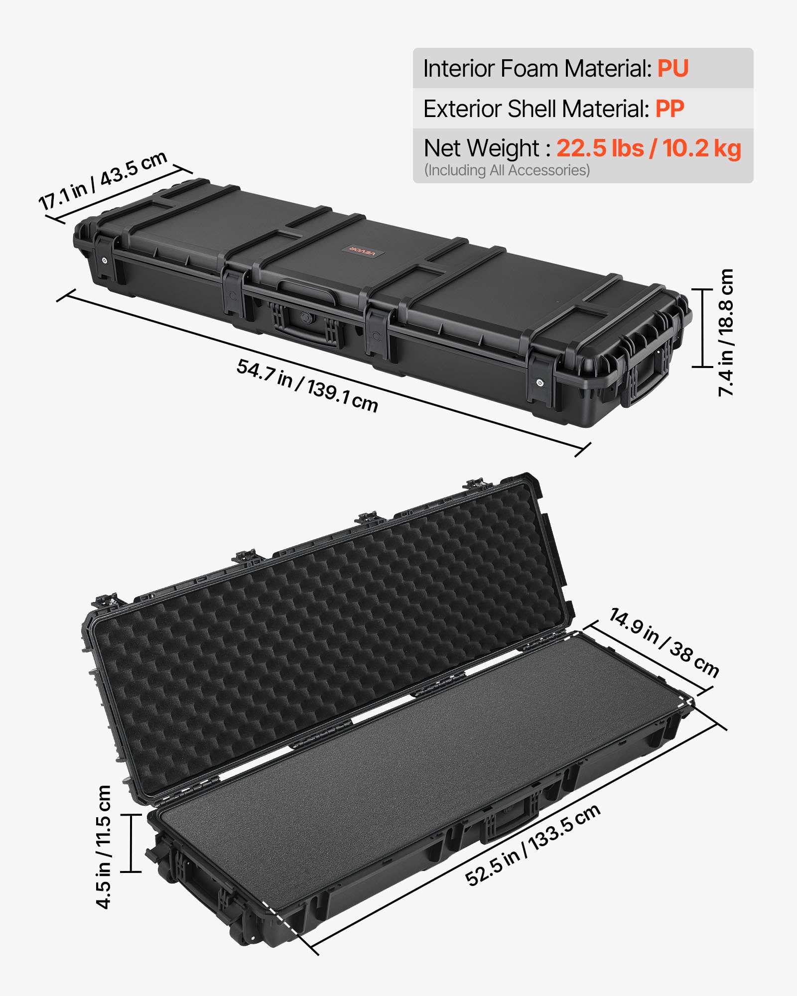 VEVOR Custodia Rigida per Fucile Dimensioni Esterni 139,1 x 43,5 x 18,8 cm, Custodia per Fucile Lungo, Schiuma Pretagliate, Scatola per Armi Pistole IP67 Impermeabile Antipolvere, Colore Nero