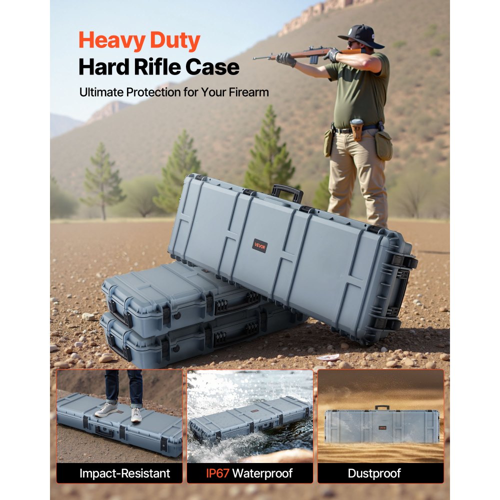 VEVOR Custodia Rigida per Fucile Dimensioni Esterni 139,1 x 43,5 x 18,8 cm, Custodia per Fucile Lungo, Scatola per Armi Pistole IP67 Impermeabile Antipolvere per Trasporto, Colore Grigio