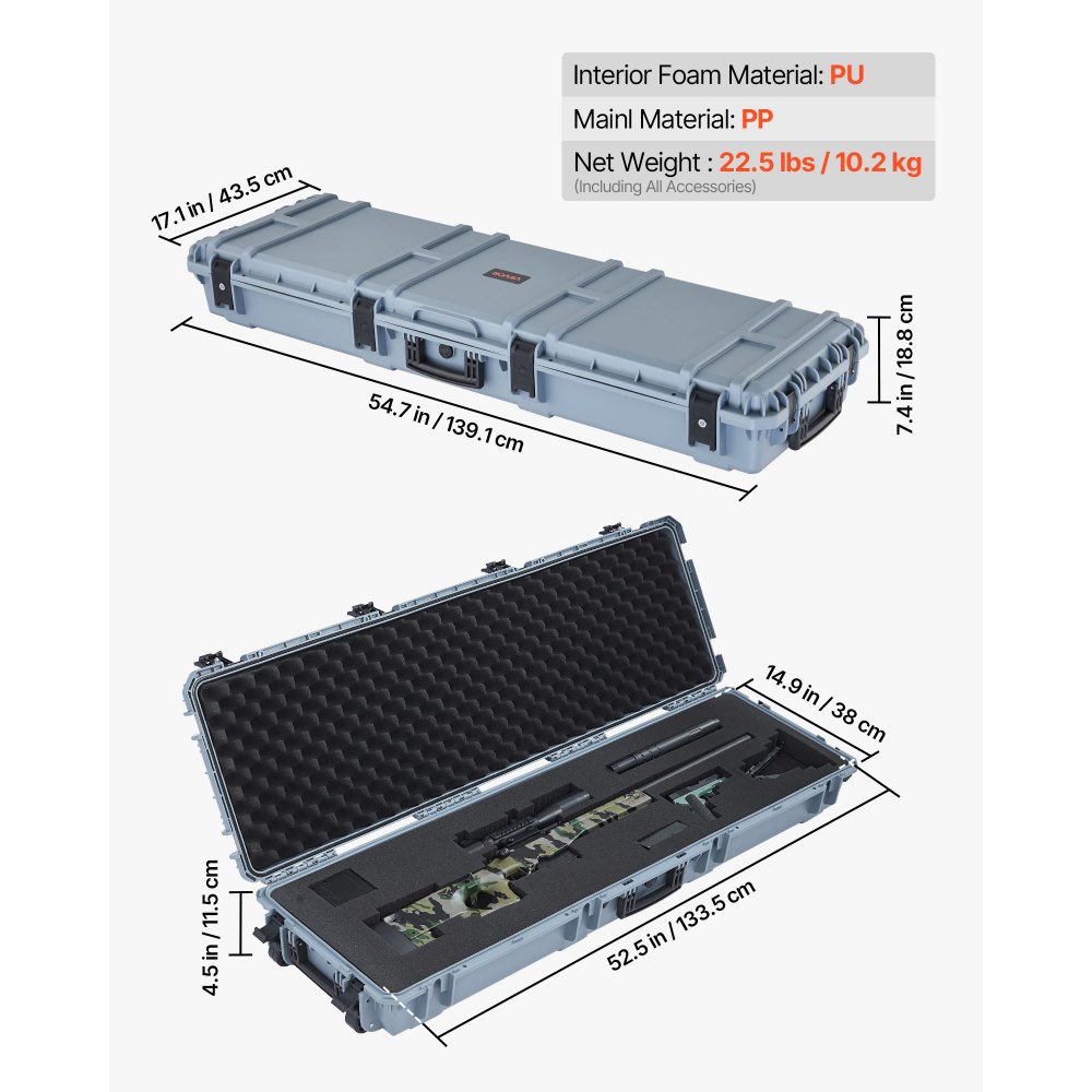 VEVOR Custodia Rigida per Fucile Dimensioni Esterni 139,1 x 43,5 x 18,8 cm, Custodia per Fucile Lungo, Scatola per Armi Pistole IP67 Impermeabile Antipolvere per Trasporto, Colore Grigio