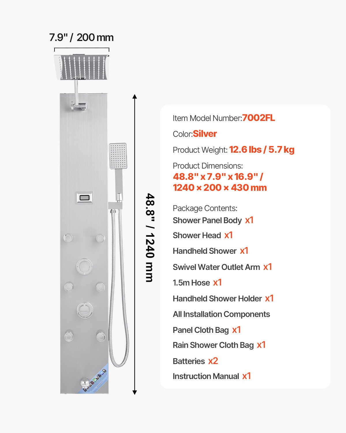 VEVOR Pannello Doccia con Sistema a Torre con Soffione a Pioggia, LED, Colonna Doccia in Acciaio Inox Spazzolato 1240 mm Rubinetto a 4 Funzioni, con 6 Getti Corporei, Doccetta e Beccuccio per Vasca
