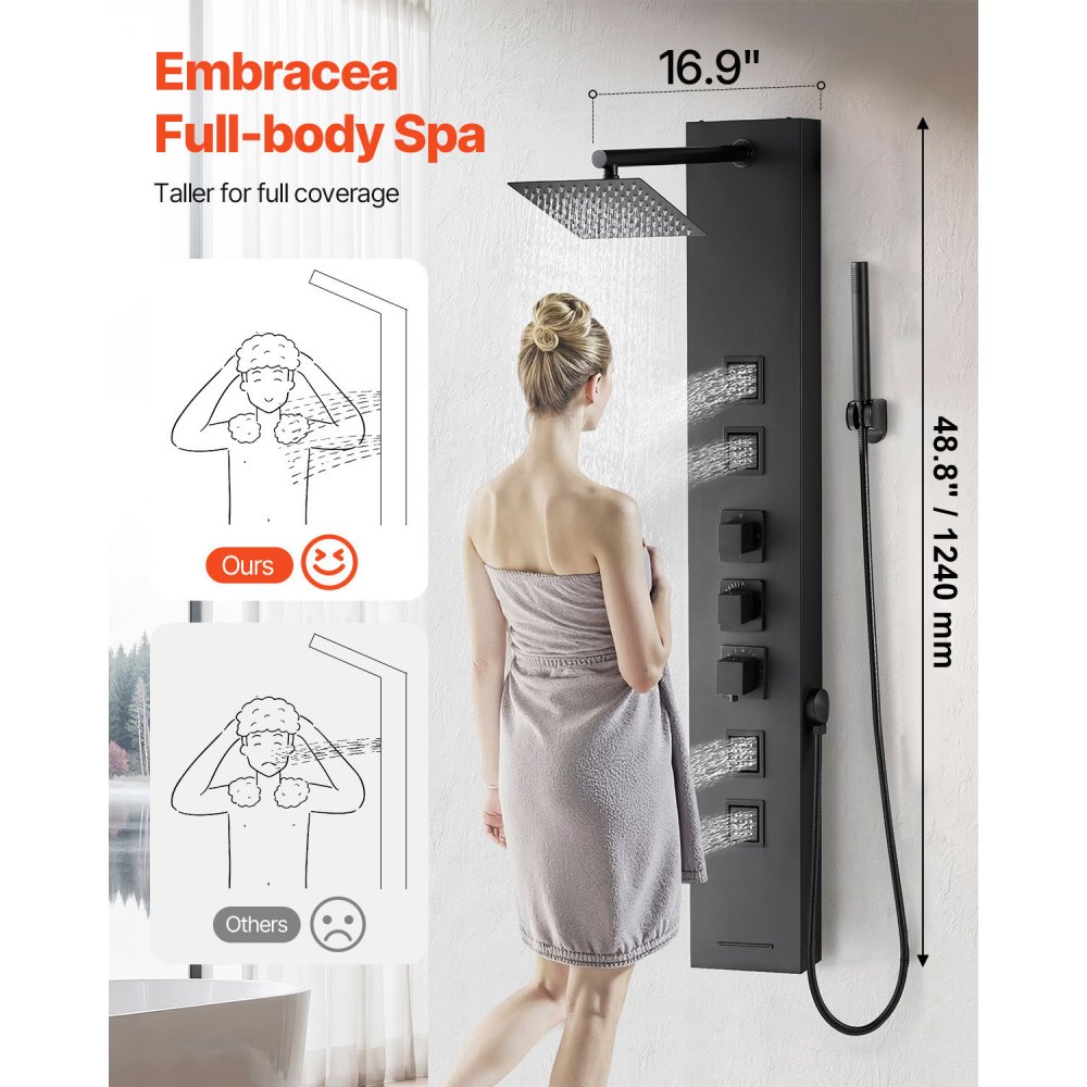 VEVOR Pannello Doccia con Sistema a Torre con Soffione a Pioggia, Colonna Doccia in Acciaio Inox Spazzolato 1240 mm Rubinetto a 4 Funzioni, con 4 Getti Corporei, Doccetta e Beccuccio per Vasca