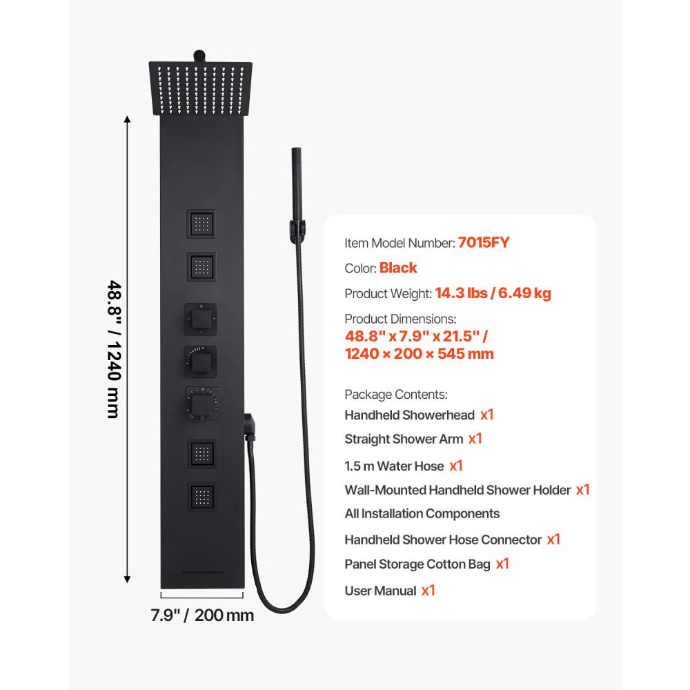 VEVOR Pannello Doccia con Sistema a Torre con Soffione a Pioggia, Colonna Doccia in Acciaio Inox Spazzolato 1240 mm Rubinetto a 4 Funzioni, con 4 Getti Corporei, Doccetta e Beccuccio per Vasca