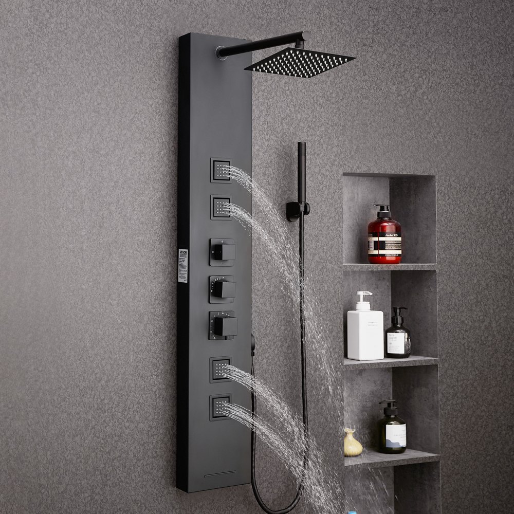 VEVOR Pannello Doccia con Sistema a Torre con Soffione a Pioggia, Colonna Doccia in Acciaio Inox Spazzolato 1240 mm Rubinetto a 4 Funzioni, con 4 Getti Corporei, Doccetta e Beccuccio per Vasca