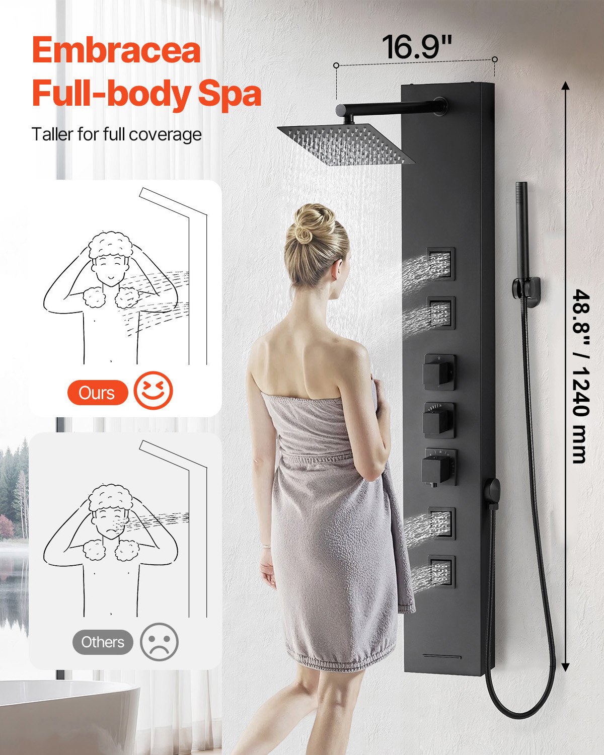 VEVOR Pannello Doccia con Sistema a Torre con Soffione a Pioggia, Colonna Doccia in Acciaio Inox Spazzolato 1240 mm Rubinetto a 4 Funzioni, con 4 Getti Corporei, Doccetta e Beccuccio per Vasca