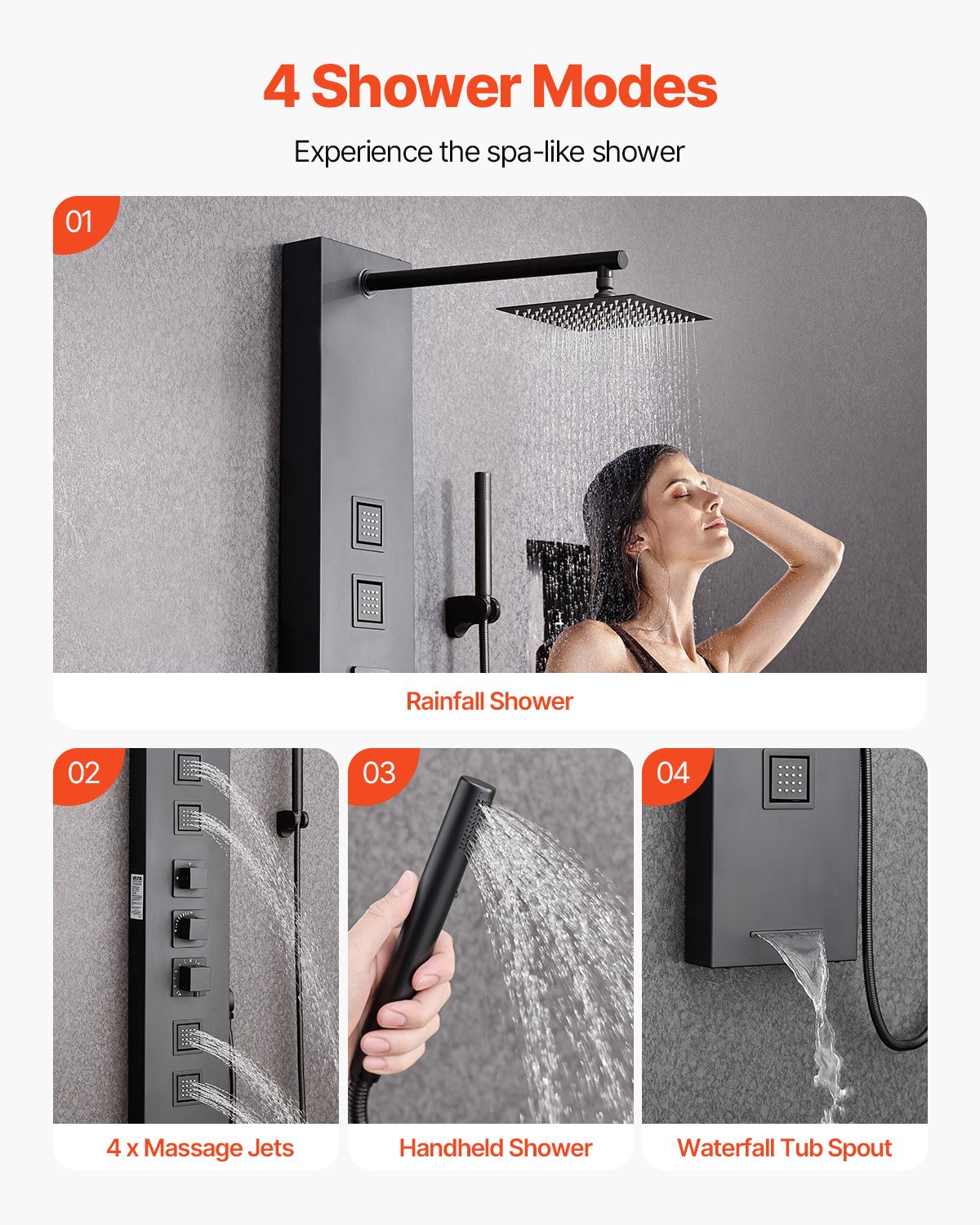 VEVOR Pannello Doccia con Sistema a Torre con Soffione a Pioggia, Colonna Doccia in Acciaio Inox Spazzolato 1240 mm Rubinetto a 4 Funzioni, con 4 Getti Corporei, Doccetta e Beccuccio per Vasca