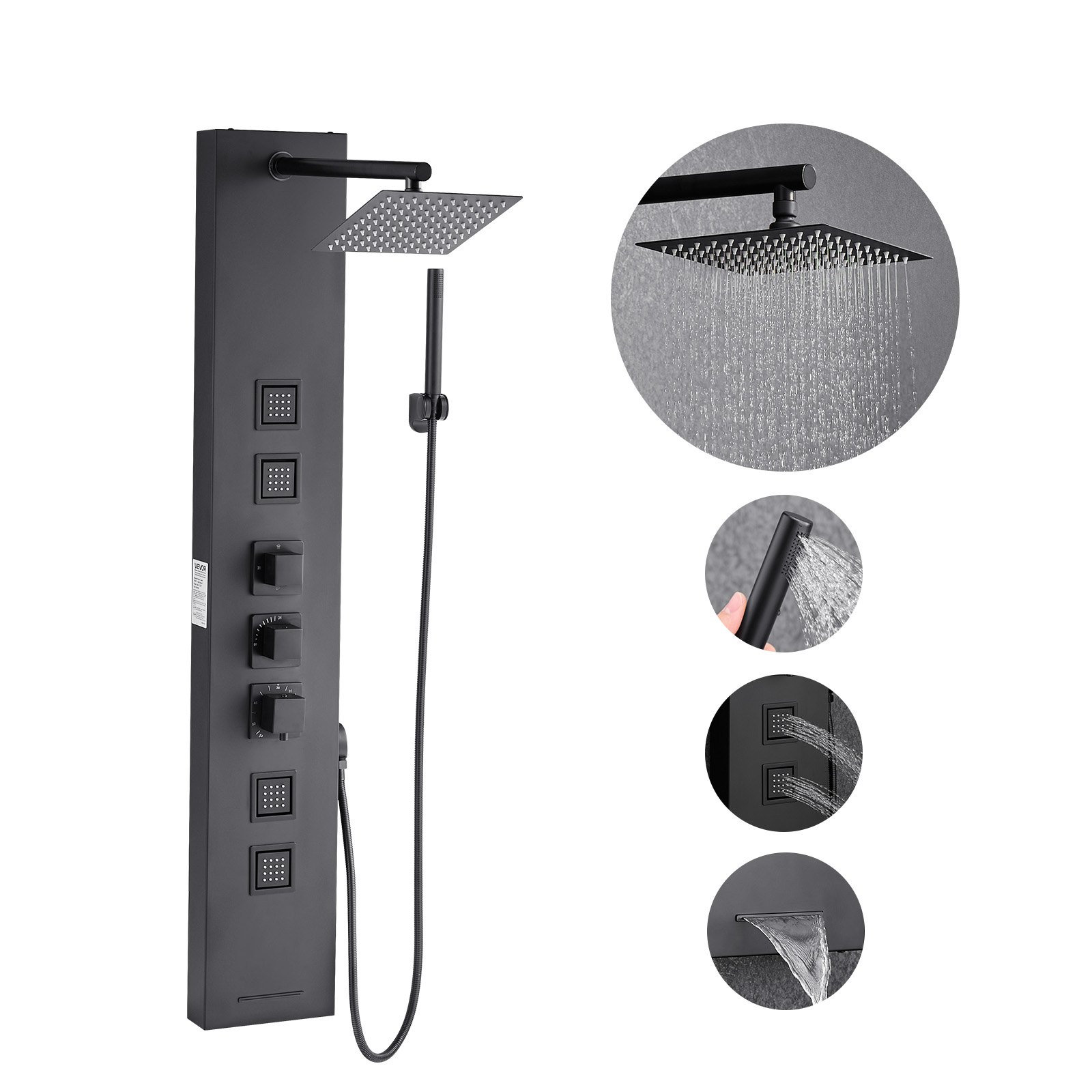 VEVOR Pannello Doccia con Sistema a Torre con Soffione a Pioggia, Colonna Doccia in Acciaio Inox Spazzolato 1240 mm Rubinetto a 4 Funzioni, con 4 Getti Corporei, Doccetta e Beccuccio per Vasca