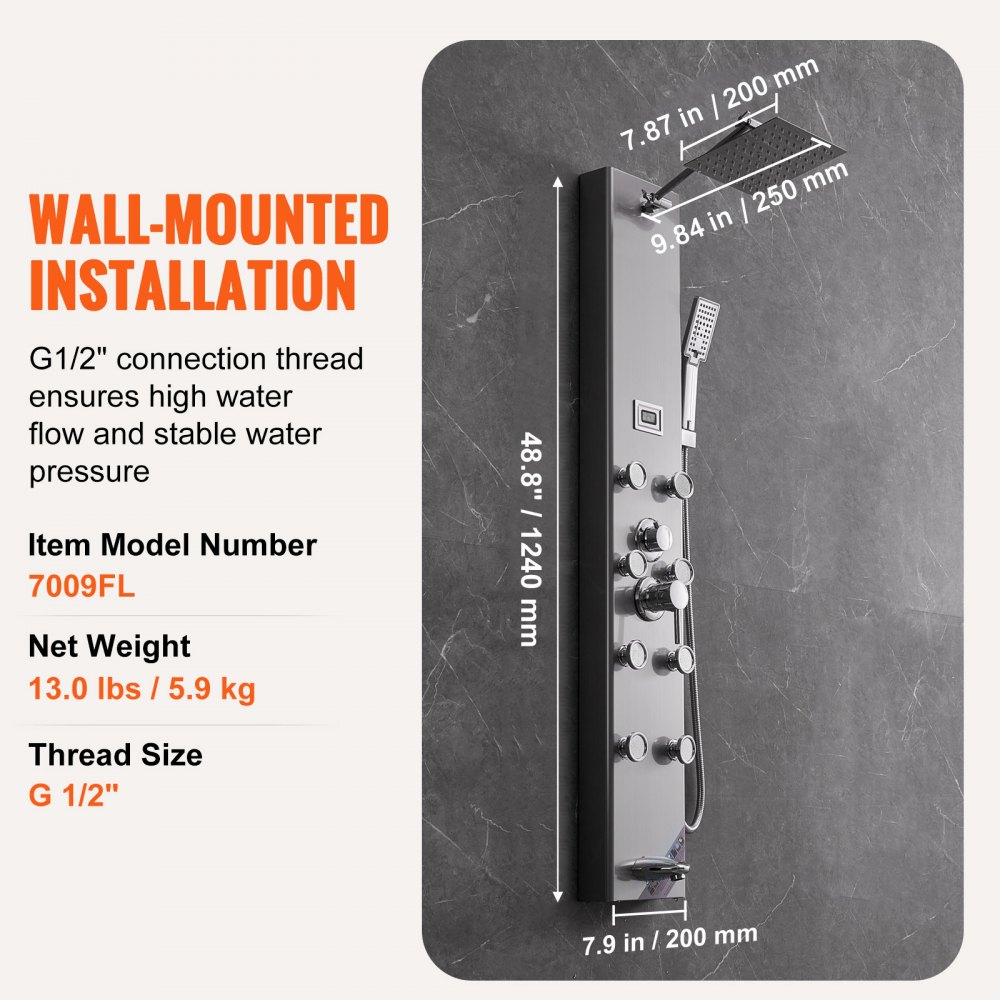 VEVOR Sistema Pannello Doccia, 5 Modalità Pannello Doccia, Pioggia, 8 Getti Massaggianti, Bocca Vasca, Soffione Doccia a 3 Impostazioni, Tubo Flessibile da 59", Set Doccia a Parete in Acciaio Inox