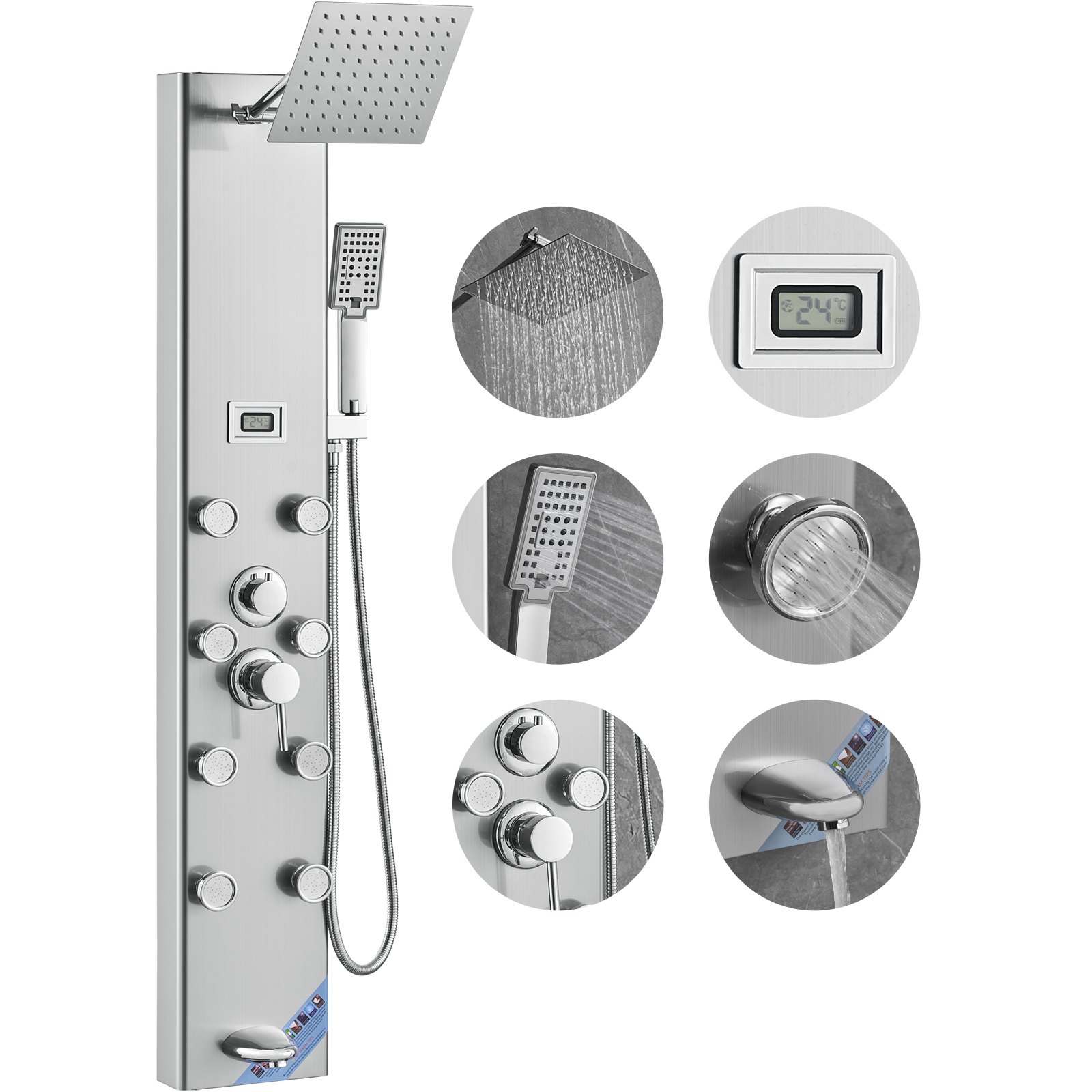 VEVOR Sistema Pannello Doccia, 5 Modalità Pannello Doccia, Pioggia, 8 Getti Massaggianti, Bocca Vasca, Soffione Doccia a 3 Impostazioni, Tubo Flessibile da 59", Set Doccia a Parete in Acciaio Inox