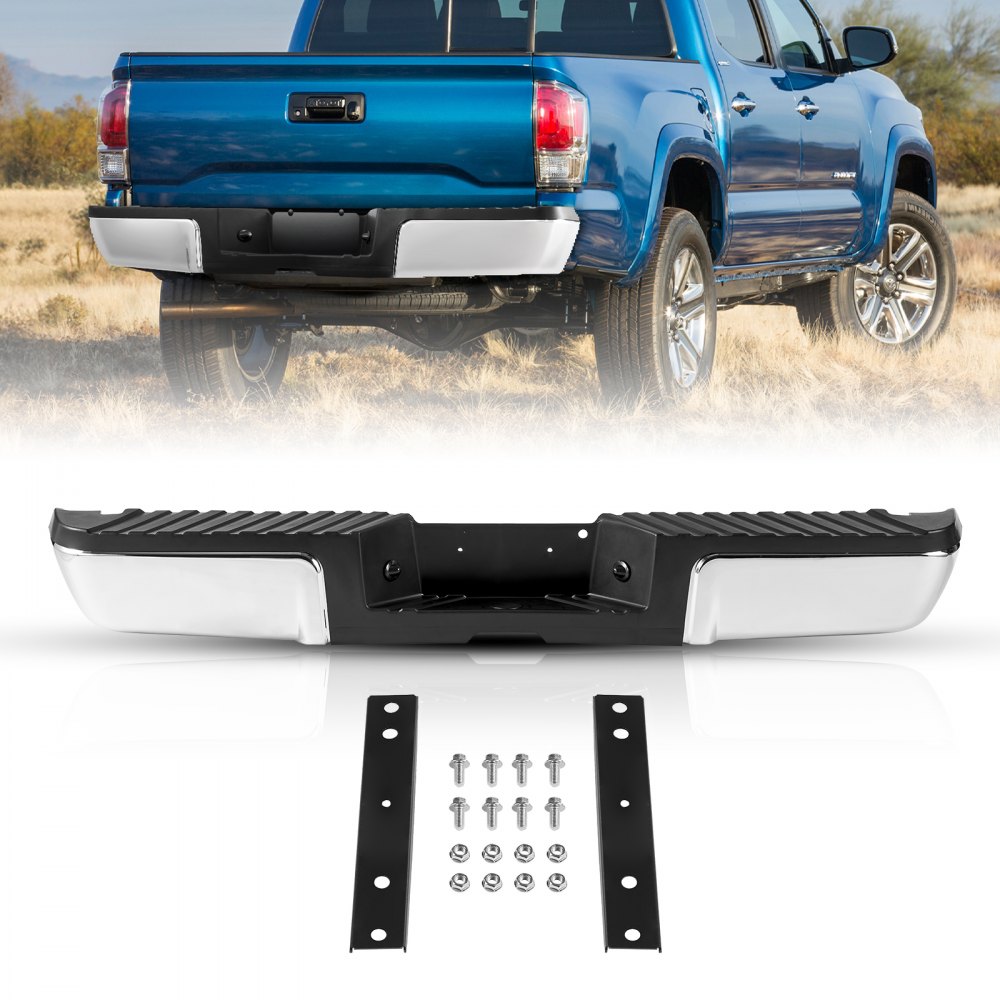 Paraurti posteriore VEVOR per Ford F250/F350 con hardware di montaggio, presentato con un pick-up blu.