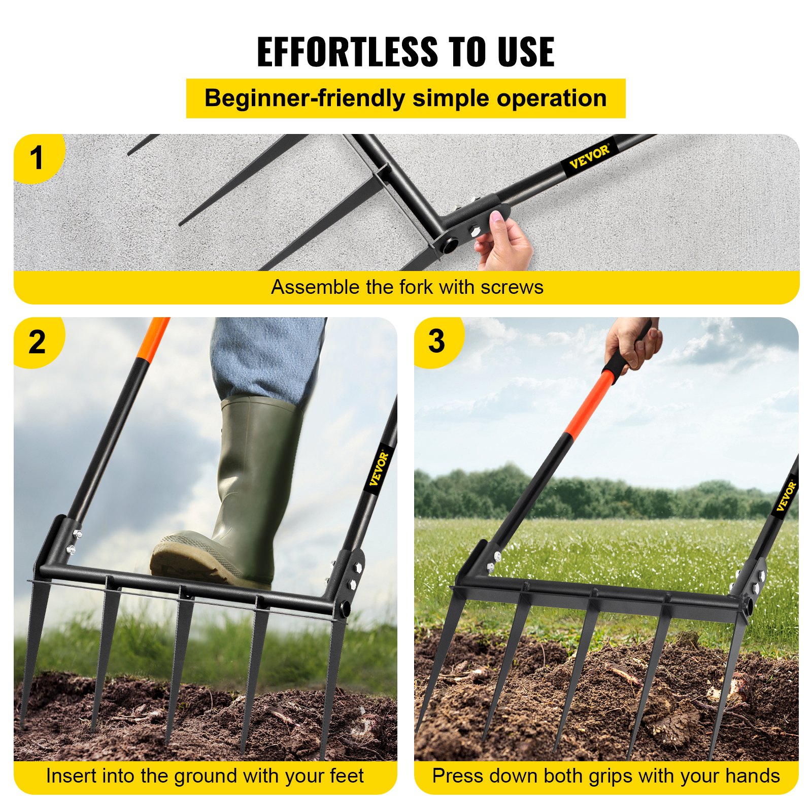 VEVOR Aero Forca 5 Denti in Acciaio con Manico Doppio Parallelo Staccabile da Prato Orto Giardinaggio 110 x 50cm, Grelinette 3,6kg Manuale da Terra per Prato Suoli in Acciaio 5 Denti Manici Rimovibili