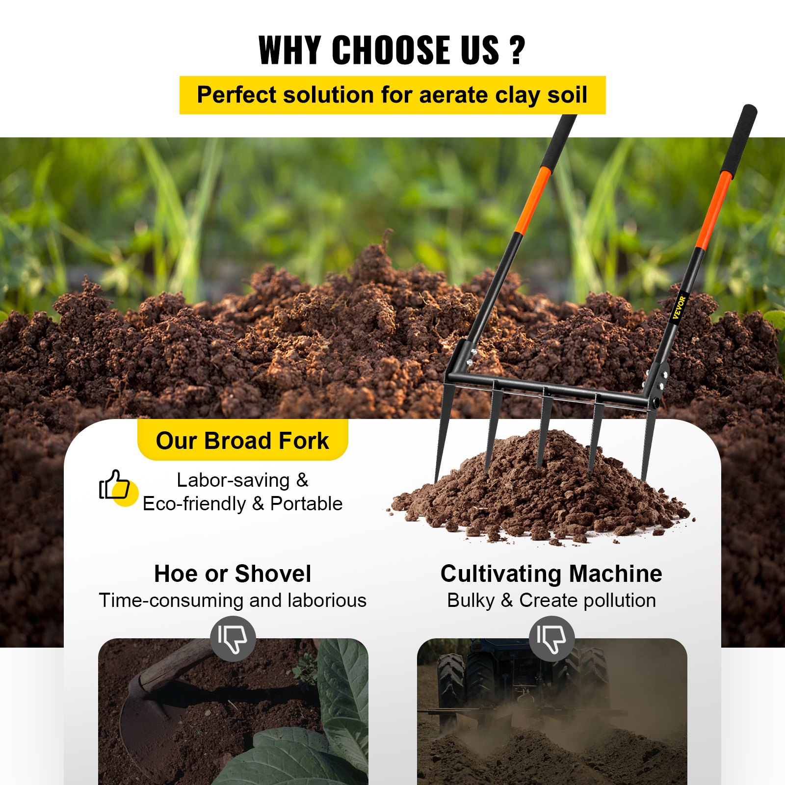 VEVOR Aero Forca 5 Denti in Acciaio con Manico Doppio Parallelo Staccabile da Prato Orto Giardinaggio 110 x 50cm, Grelinette 3,6kg Manuale da Terra per Prato Suoli in Acciaio 5 Denti Manici Rimovibili