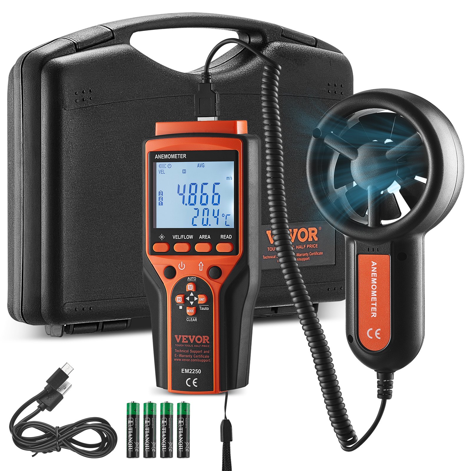VEVOR Anemometro Portatile da -10-60℃ Misuratore di Velocità del Vento Anemometro Digitale con Valigetta, Misuratore di Velocità del Vento con Display Retroilluminato LED Portatile, Anemometro Vento