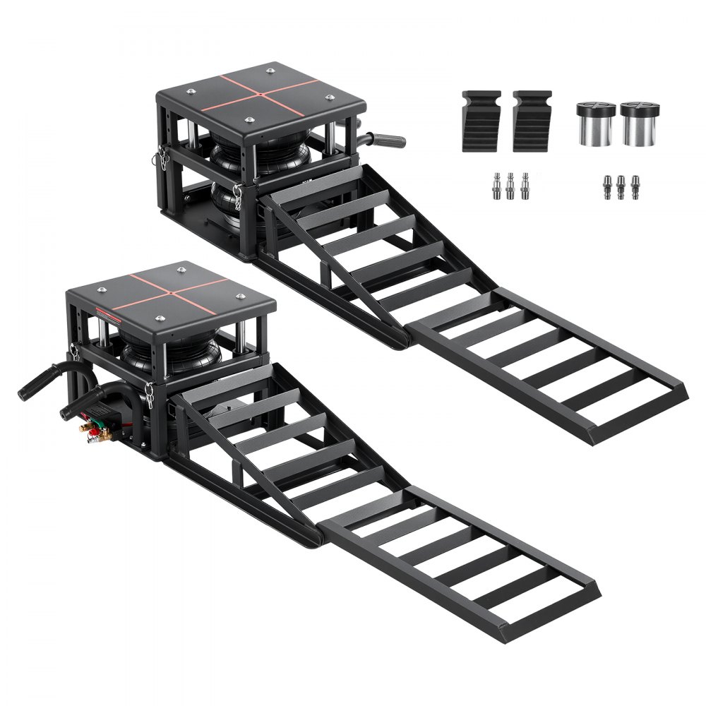VEVOR Cric Pneumatico per Auto 2 pz Capacità di 5 t, Altezza di Sollevamento Massima 32 cm, Sollevatori Pneumatici con Sospensioni Pneumatiche, Cunei per Ruote, Rampe di Estensione e Colonne Rialzate