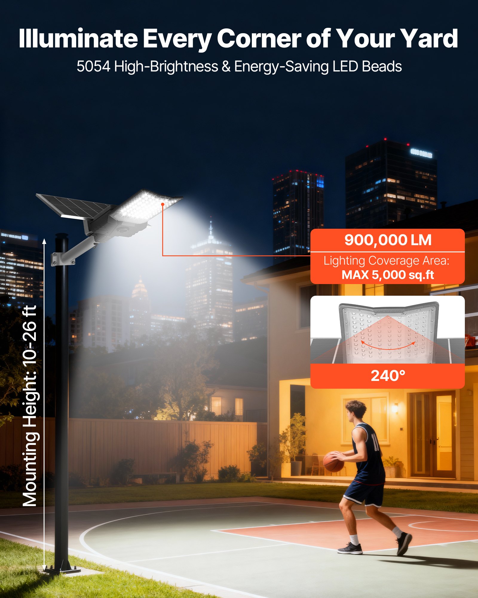 VEVOR Lampione Solare da Esterno 12000 W 900000 LM, Faretto Solare per Parcheggio Commerciale dal Tramonto all'Alba, Lampada di Sicurezza a LED di Tipo Split Uso Esterno per Cortile Vialetto