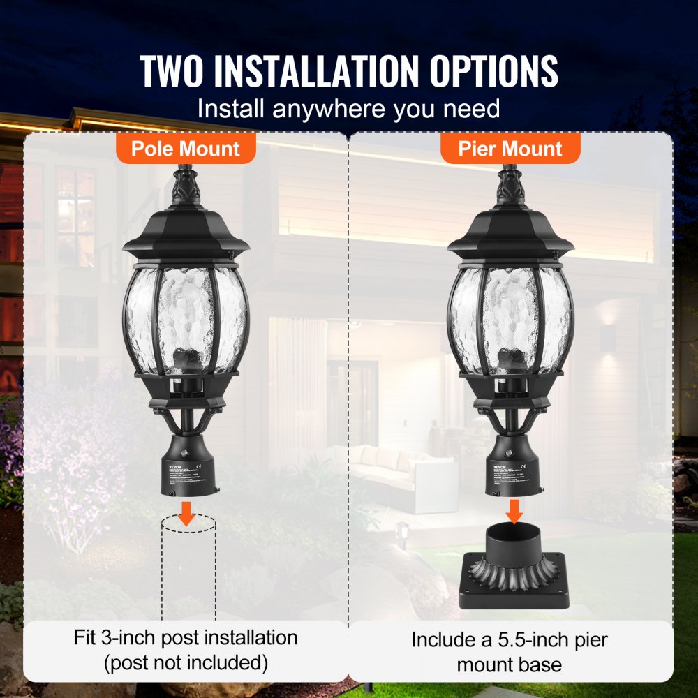VEVOR 2-Pack Dusk-to-Dawn Outdoor Post Lights, 530 mm, Waterproof Lantern Post Lights with 3.5-Inch Glass Shade on Column Mount, Lightning-Proof Outdoor Pole Column Light for Patios and Garden Paths