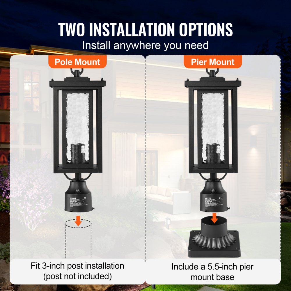 VEVOR 2-Pack Dusk-to-Dawn Outdoor Post Lights, 450 mm, Waterproof Lantern Post Lights with 3.5-Inch Glass Shade on Column Mount, Lightning-Proof Outdoor Pole Column Light for Patios and Garden Paths