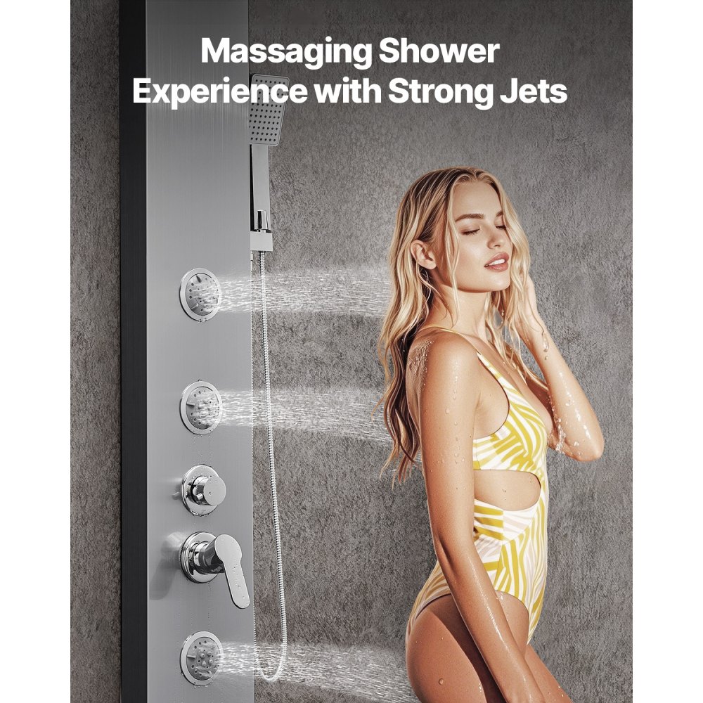 VEVOR Shower Panel Tower System (5 in 1) with Rain Waterfall Shower Head, (1345 mm) Stainless Steel Shower Column, Wall-Mounted Rain Massage System, with Hand Shower & Bathtub Spout & 3 Body Jets