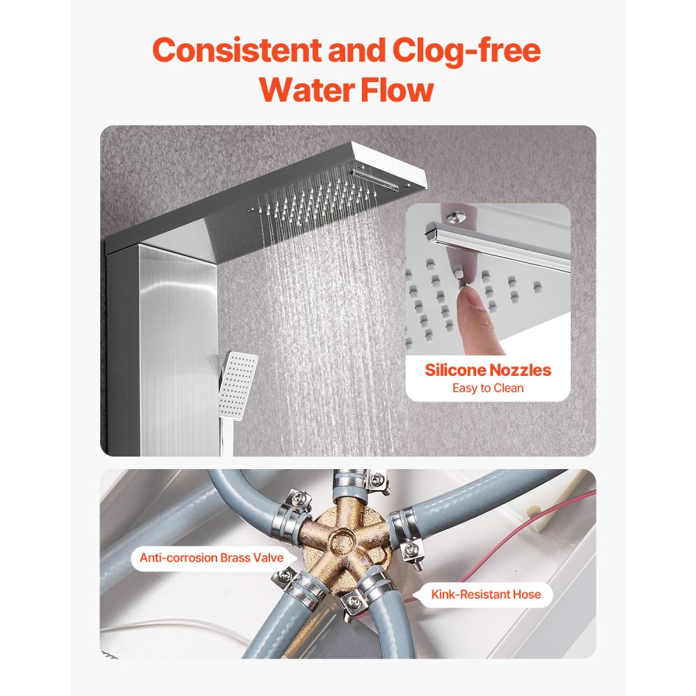 VEVOR Shower Panel Tower System (5 in 1) with Rain Waterfall Shower Head, (1345 mm) Stainless Steel Shower Column, Wall-Mounted Rain Massage System, with Hand Shower & Bathtub Spout & 3 Body Jets