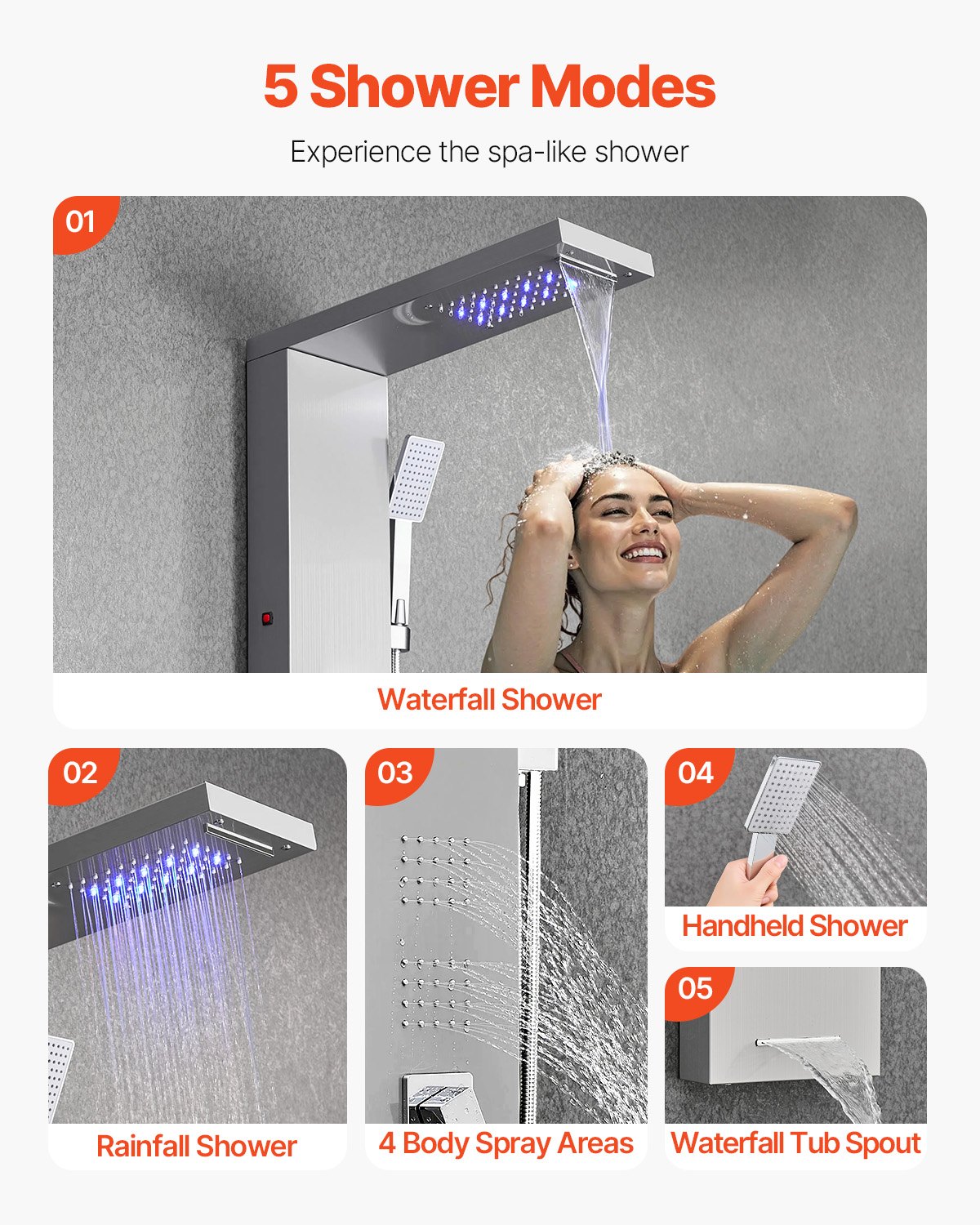 VEVOR Pannello Doccia con Sistema a Torre con Soffione a Cascata, LED, Colonna Doccia in Acciaio Inox Spazzolato da 1345 mm Rubinetto a 5 Funzioni, con Doccetta e Beccuccio per Vasca