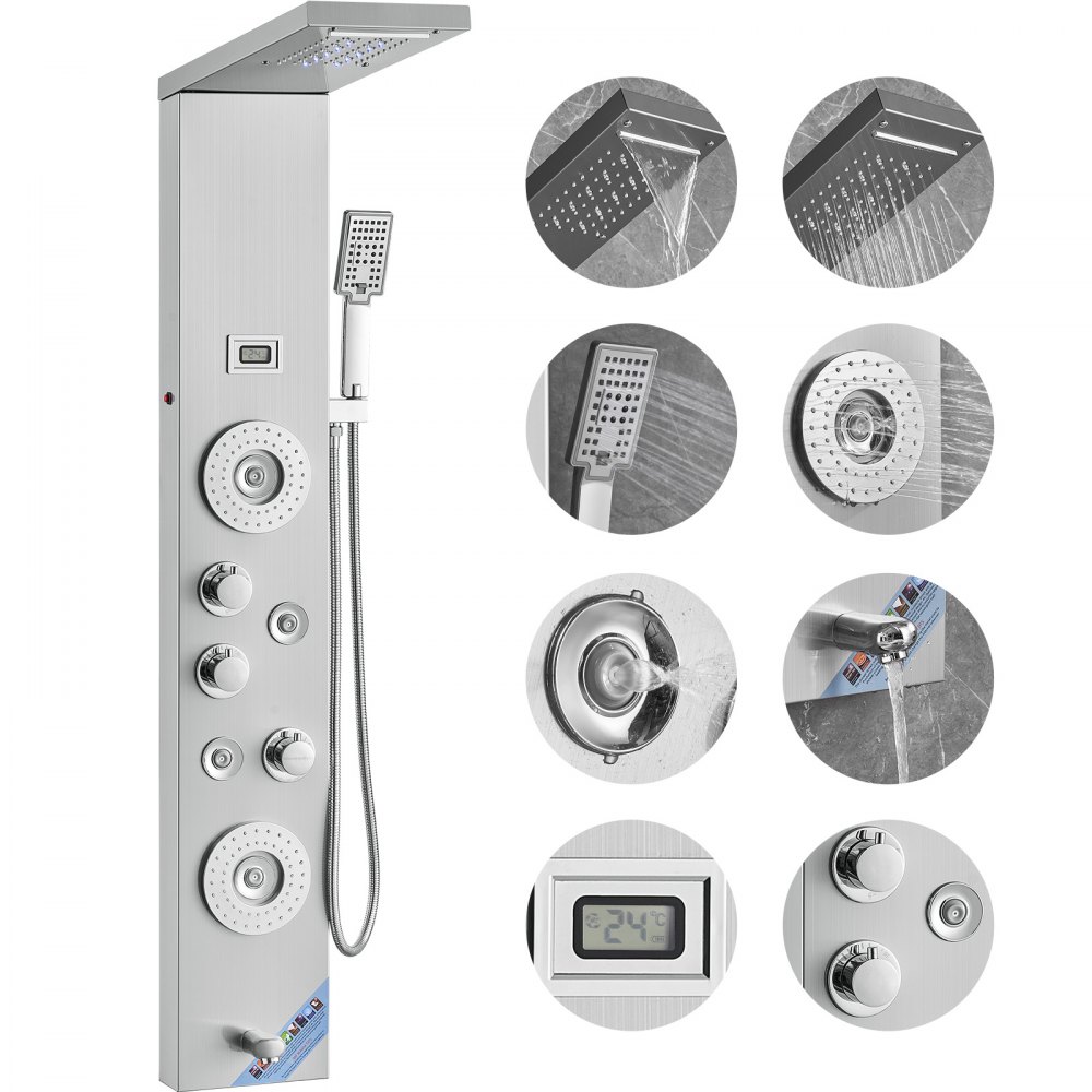 VEVOR Sistema Pannello Doccia, 6 Modalità Doccia, LED e Display Pannello Doccia Torre, Pioggia, Cascata, Bocca per Vasca, Soffione Doccia a Mano, Tubo da 150 cm, Set Doccia a Parete in Acciaio Inox