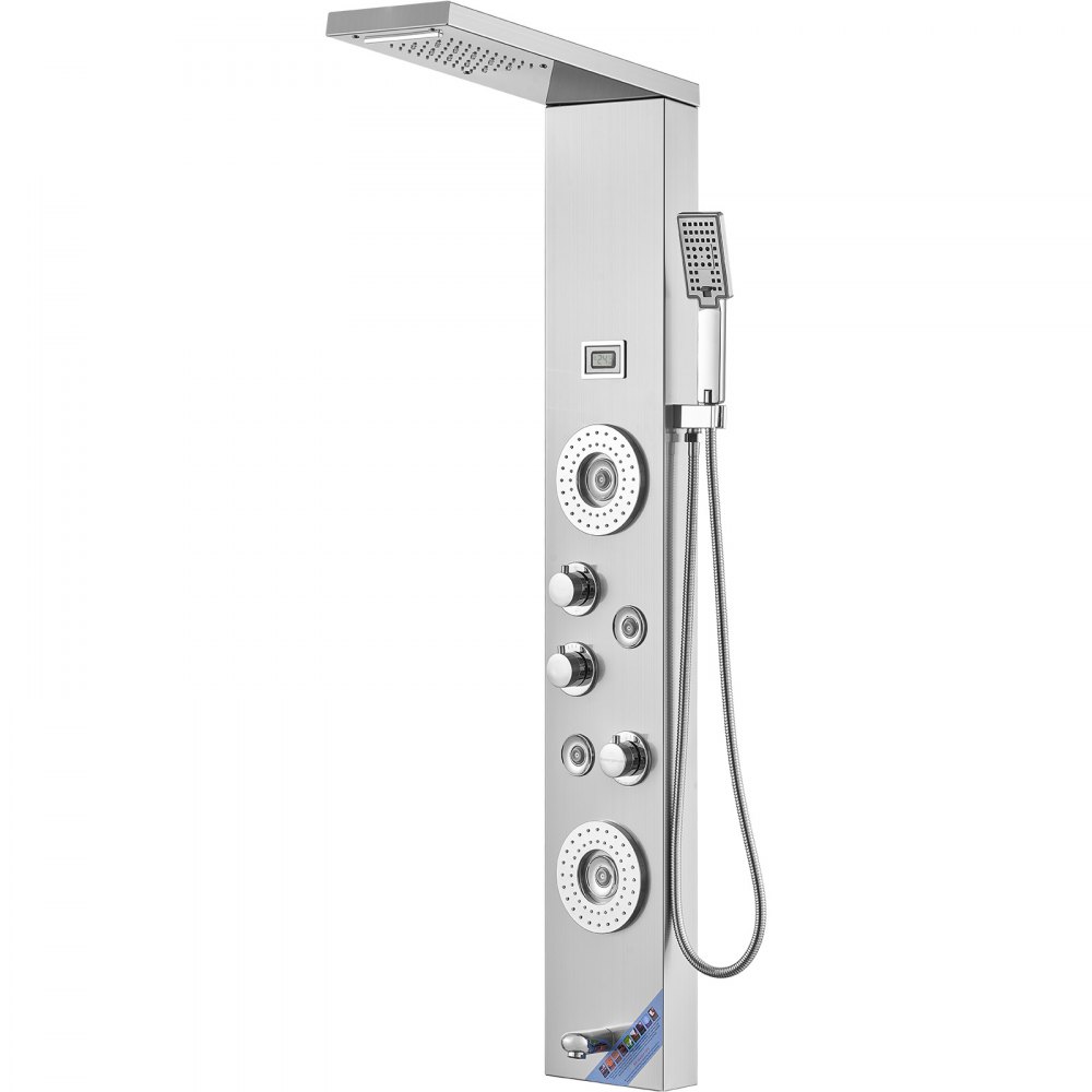 VEVOR Sistema Pannello Doccia, 6 Modalità Doccia, LED e Display Pannello Doccia Torre, Pioggia, Cascata, Bocca per Vasca, Soffione Doccia a Mano, Tubo da 150 cm, Set Doccia a Parete in Acciaio Inox