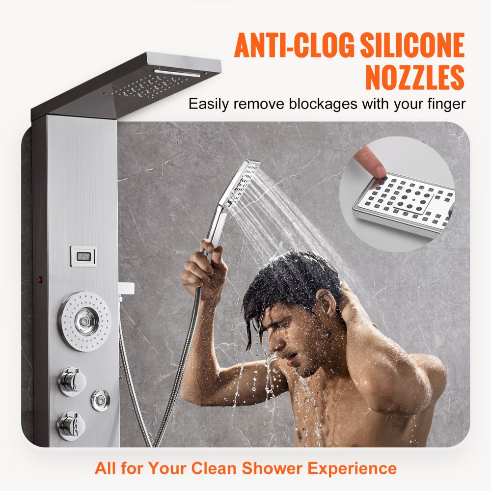 VEVOR Sistema Pannello Doccia, 6 Modalità Doccia, LED e Display Pannello Doccia Torre, Pioggia, Cascata, Bocca per Vasca, Soffione Doccia a Mano, Tubo da 150 cm, Set Doccia a Parete in Acciaio Inox