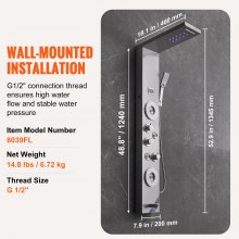 VEVOR Sistema Pannello Doccia, 6 Modalità Doccia, LED e Display Pannello Doccia Torre, Pioggia, Cascata, Bocca per Vasca, Soffione Doccia a Mano, Tubo da 150 cm, Set Doccia a Parete in Acciaio Inox