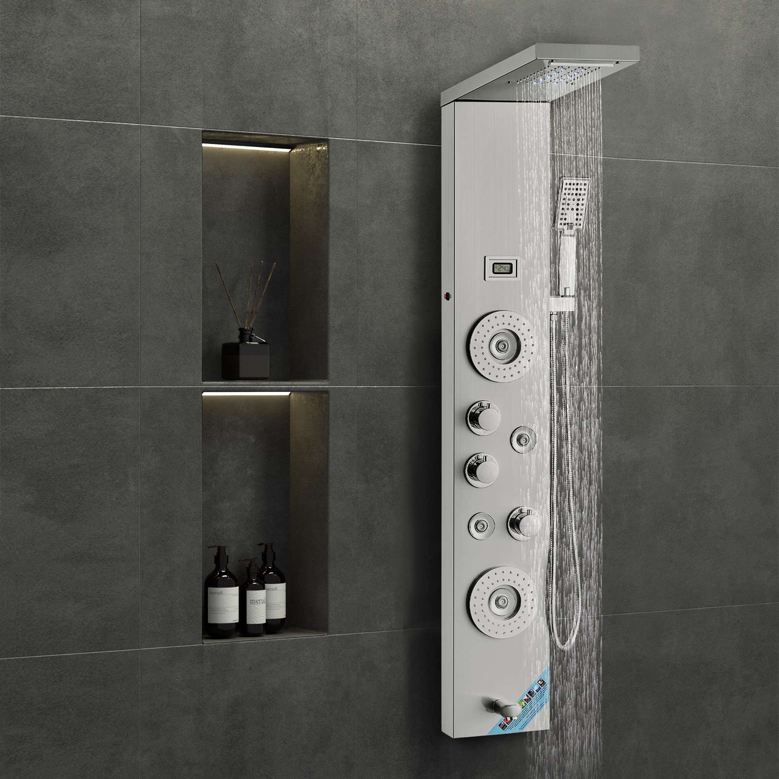 VEVOR Sistema Pannello Doccia, 6 Modalità Doccia, LED e Display Pannello Doccia Torre, Pioggia, Cascata, Bocca per Vasca, Soffione Doccia a Mano, Tubo da 150 cm, Set Doccia a Parete in Acciaio Inox