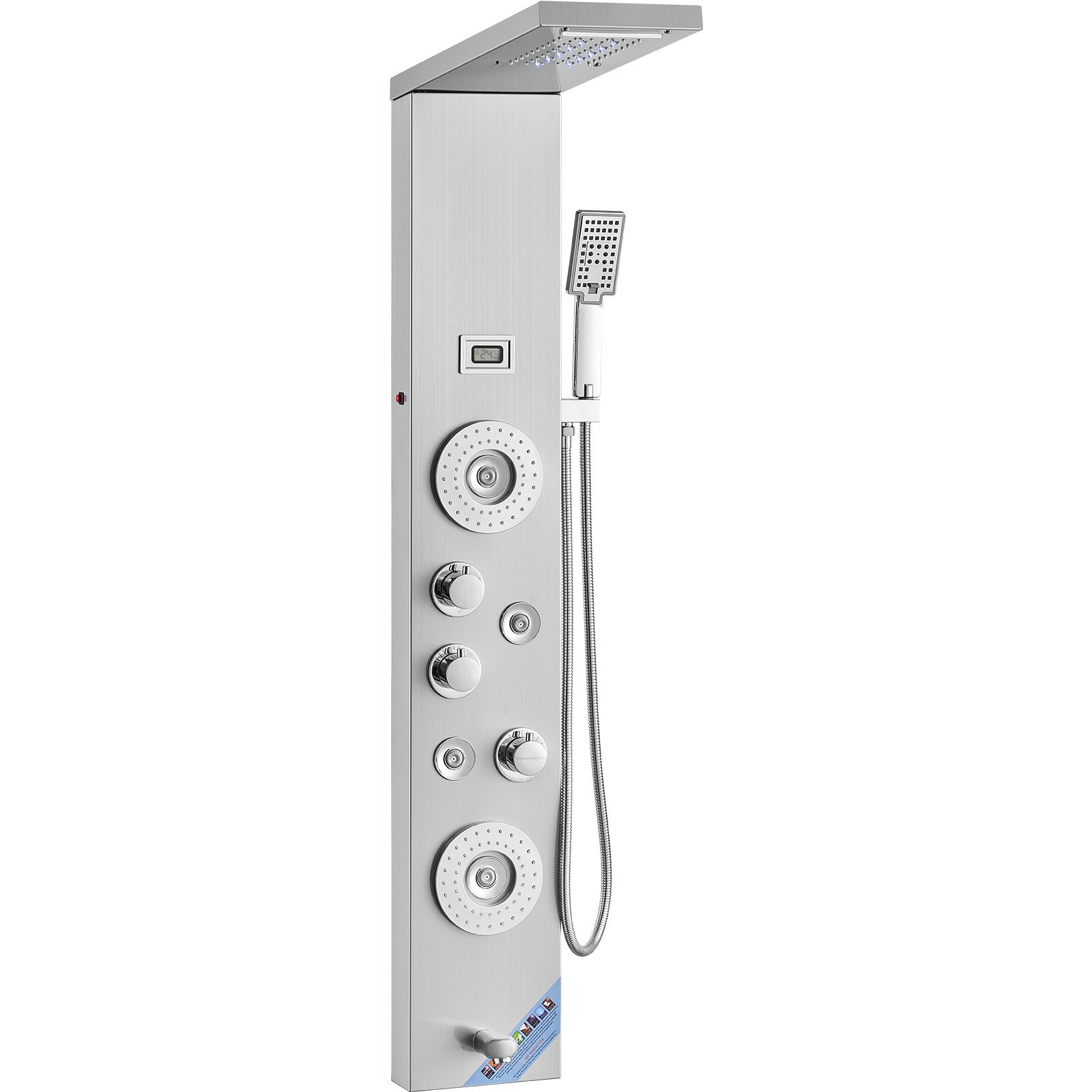 VEVOR Sistema Pannello Doccia, 6 Modalità Doccia, LED e Display Pannello Doccia Torre, Pioggia, Cascata, Bocca per Vasca, Soffione Doccia a Mano, Tubo da 150 cm, Set Doccia a Parete in Acciaio Inox