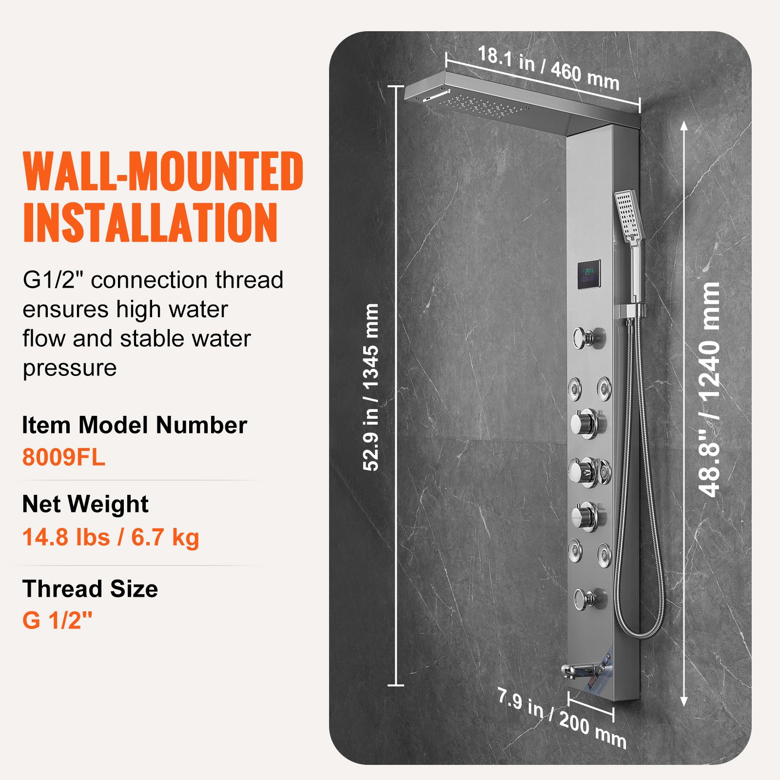 VEVOR shower panel system, 6 shower modes, LED and screen water-powered shower panel tower, rainfall, waterfall, 8 massage jets, tub spout, hand shower, stainless steel wall shower set