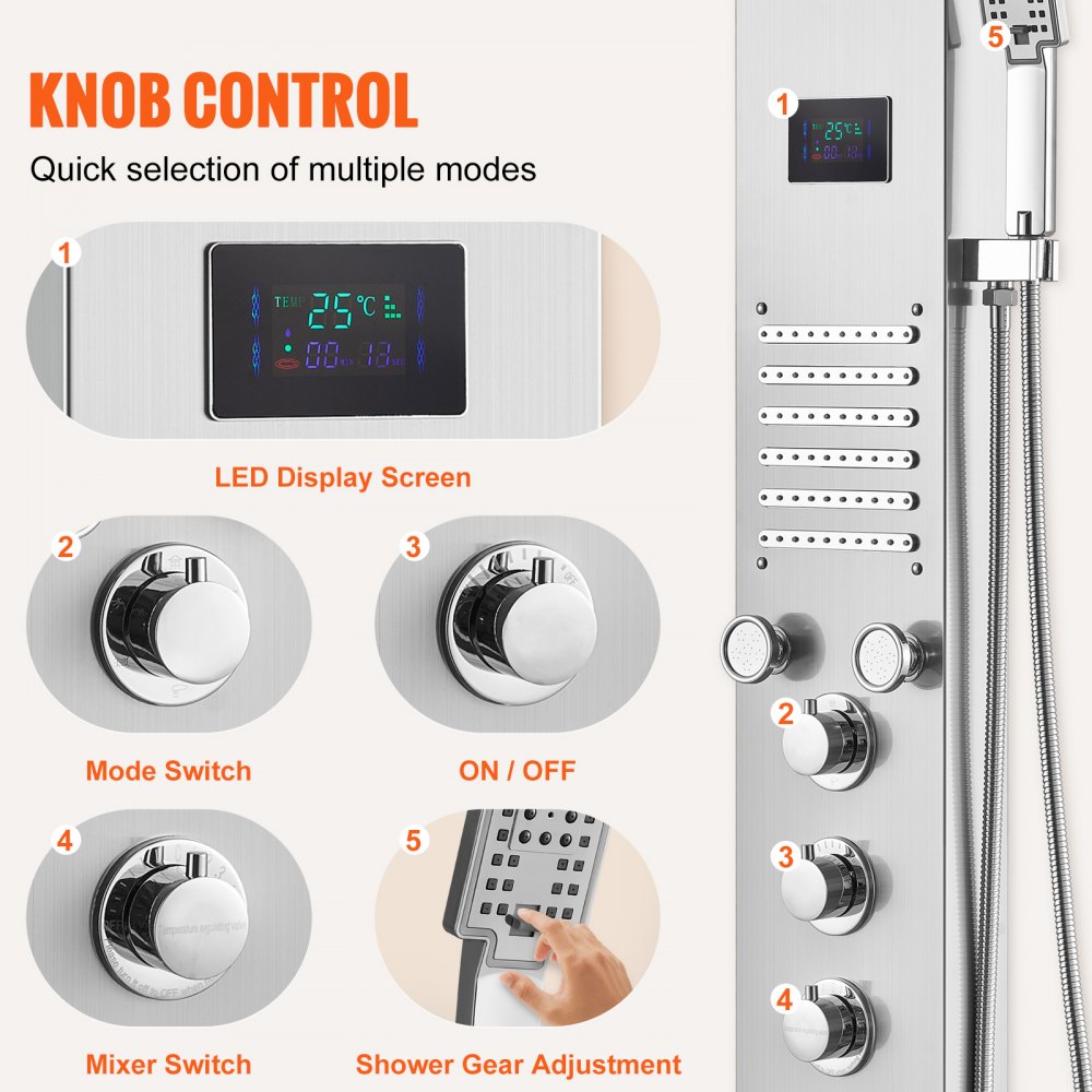 VEVOR Shower Panel System, 6 Shower Modes, LED and Screen Water Power Shower Panel Tower, Rainfall, Waterfall, 5 Massage Jets, Bath Spout, Hand Shower, Wall-Mounted Stainless Steel Shower Set
