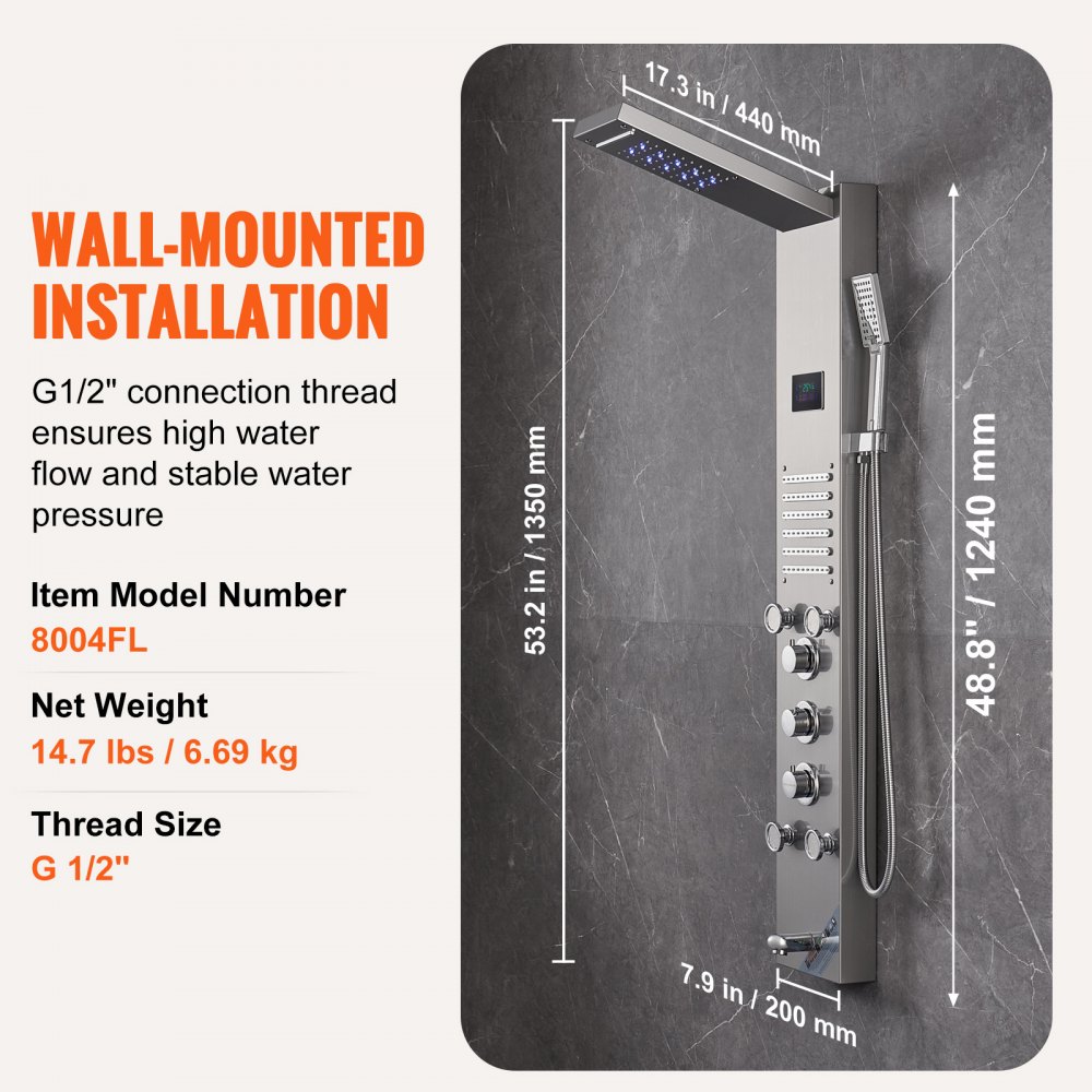 VEVOR Shower Panel System, 6 Shower Modes, LED and Screen Water Power Shower Panel Tower, Rainfall, Waterfall, 5 Massage Jets, Bath Spout, Hand Shower, Wall-Mounted Stainless Steel Shower Set