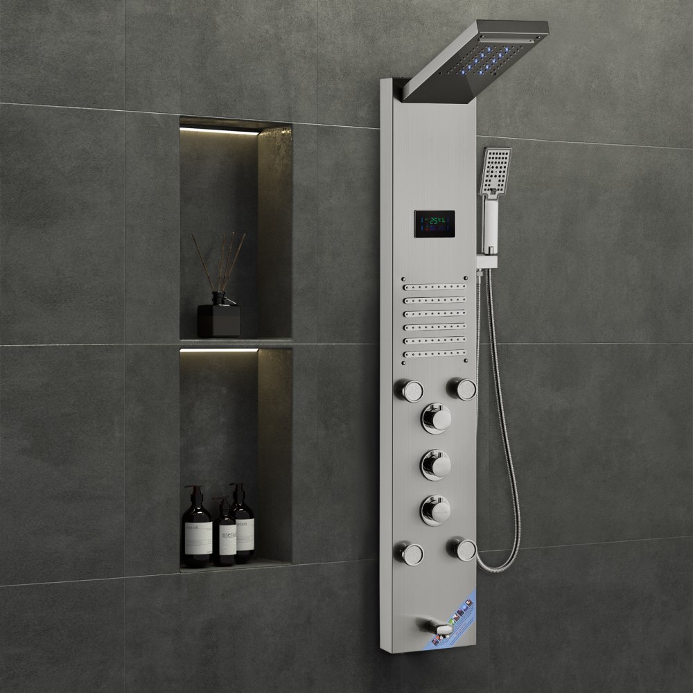 VEVOR Shower Panel System, 6 Shower Modes, LED and Screen Water Power Shower Panel Tower, Rainfall, Waterfall, 5 Massage Jets, Bath Spout, Hand Shower, Wall-Mounted Stainless Steel Shower Set