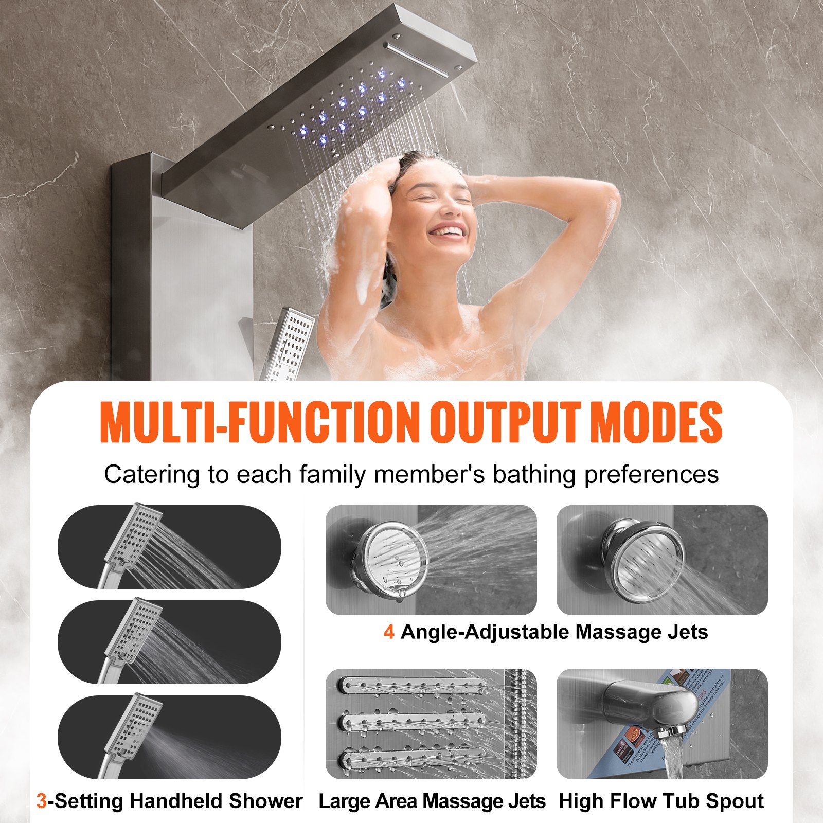 VEVOR Shower Panel System, 6 Shower Modes, LED and Screen Water Power Shower Panel Tower, Rainfall, Waterfall, 5 Massage Jets, Bath Spout, Hand Shower, Wall-Mounted Stainless Steel Shower Set