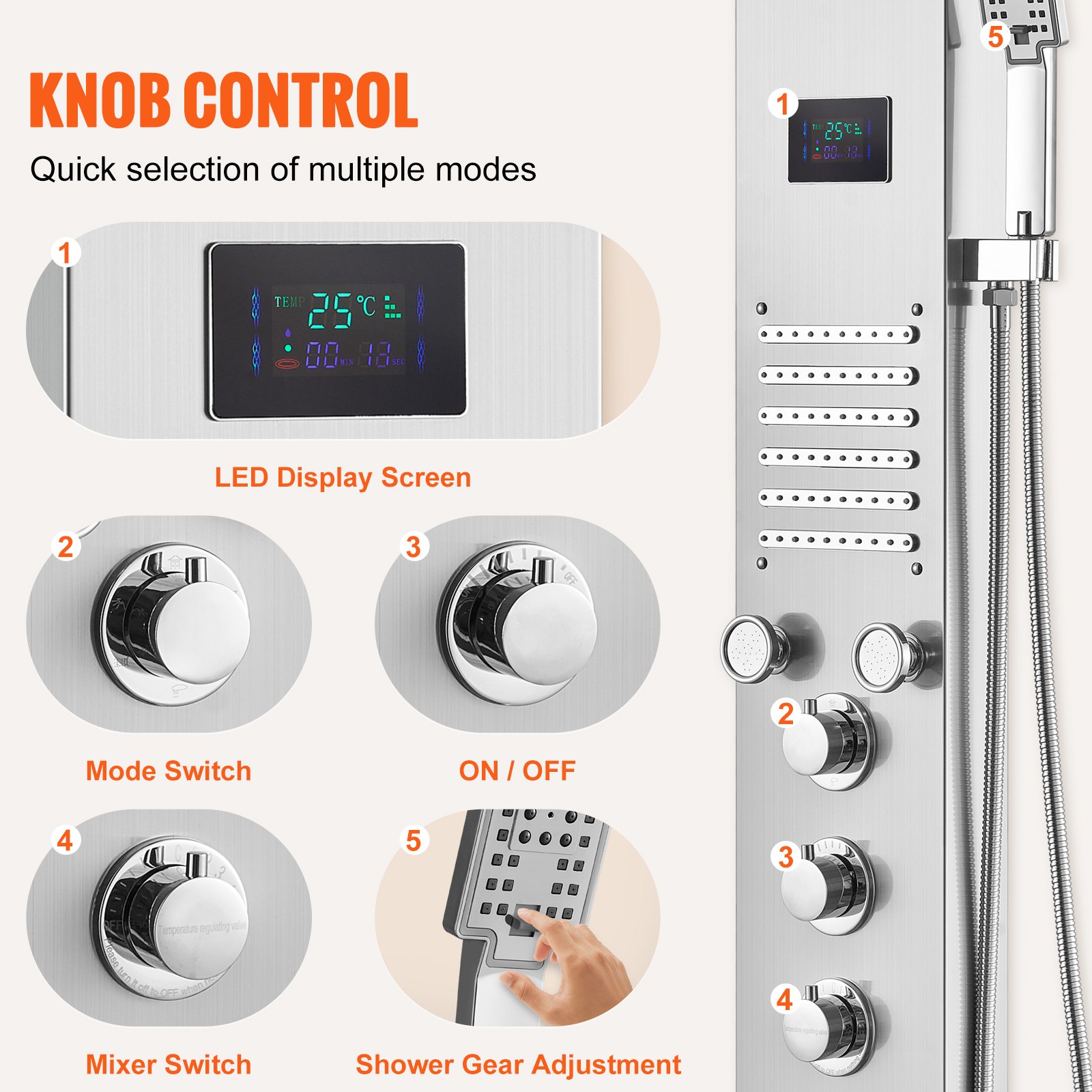 VEVOR Shower Panel System, 6 Shower Modes, LED and Screen Water Power Shower Panel Tower, Rainfall, Waterfall, 5 Massage Jets, Bath Spout, Hand Shower, Wall-Mounted Stainless Steel Shower Set