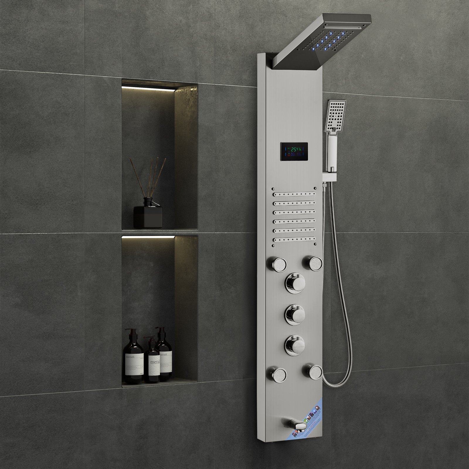VEVOR Shower Panel System, 6 Shower Modes, LED and Screen Water Power Shower Panel Tower, Rainfall, Waterfall, 5 Massage Jets, Bath Spout, Hand Shower, Wall-Mounted Stainless Steel Shower Set