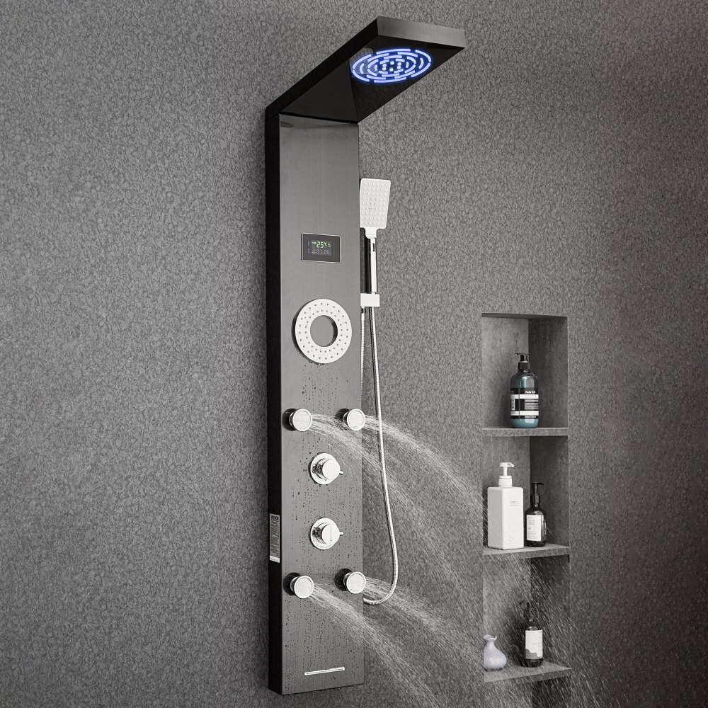 VEVOR Pannello Doccia con Sistema a Torre con Soffione a Pioggia, LED, Colonna Doccia in Acciaio Inox Spazzolato da 1345 mm Rubinetto a 6 Funzioni, con 5 Getti Corporei, Doccetta, Beccuccio per Vasca