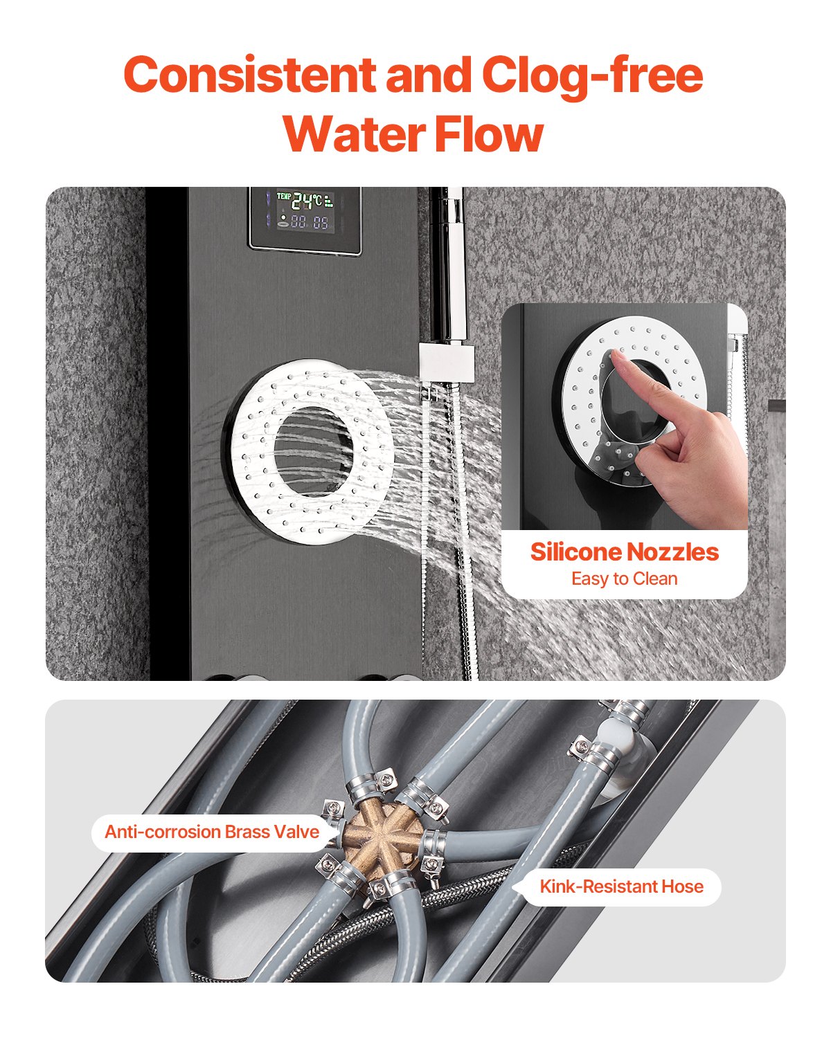 VEVOR Pannello Doccia con Sistema a Torre con Soffione a Pioggia, LED, Colonna Doccia in Acciaio Inox Spazzolato da 1345 mm Rubinetto a 6 Funzioni, con 5 Getti Corporei, Doccetta, Beccuccio per Vasca