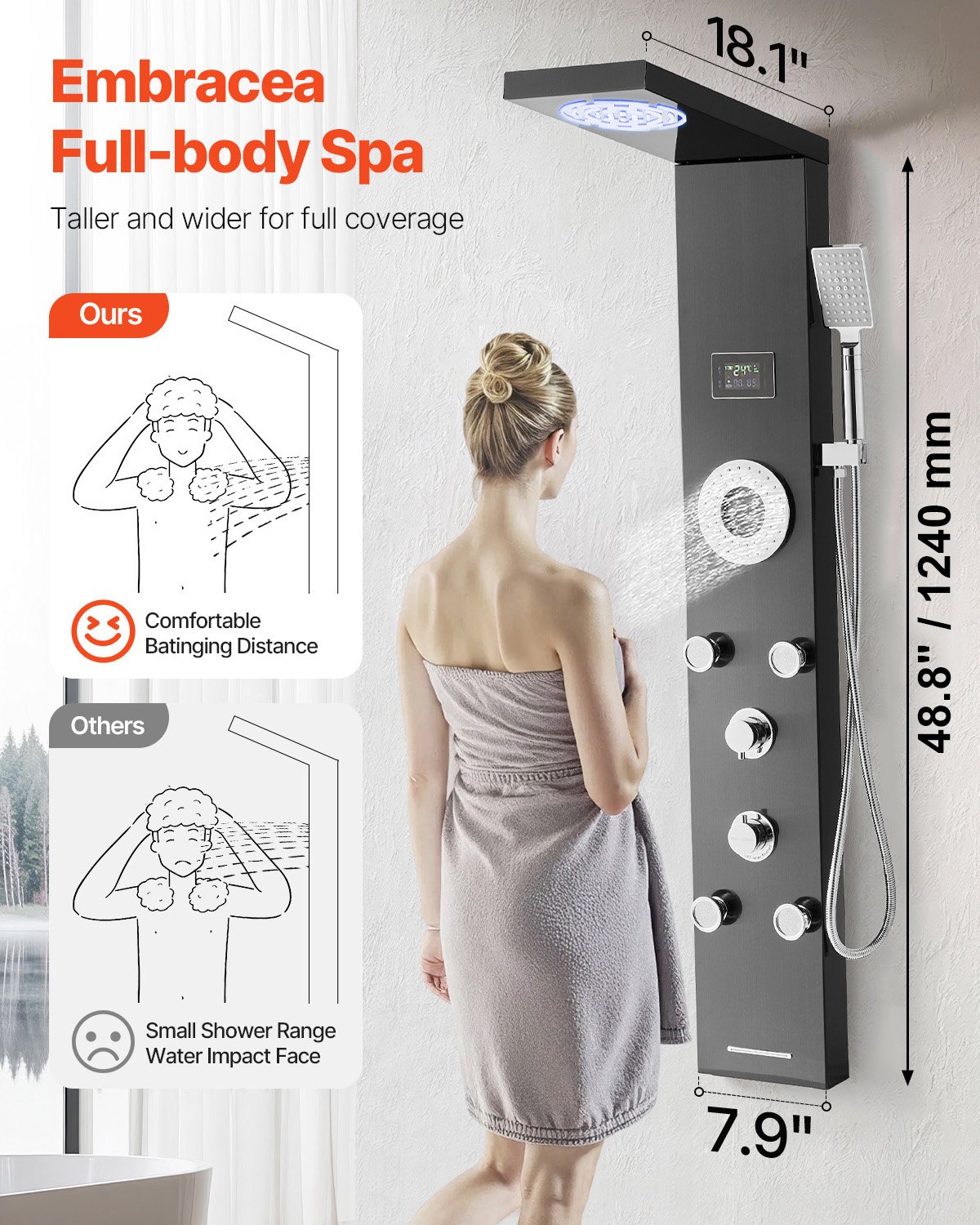 VEVOR Pannello Doccia con Sistema a Torre con Soffione a Pioggia, LED, Colonna Doccia in Acciaio Inox Spazzolato da 1345 mm Rubinetto a 6 Funzioni, con 5 Getti Corporei, Doccetta, Beccuccio per Vasca