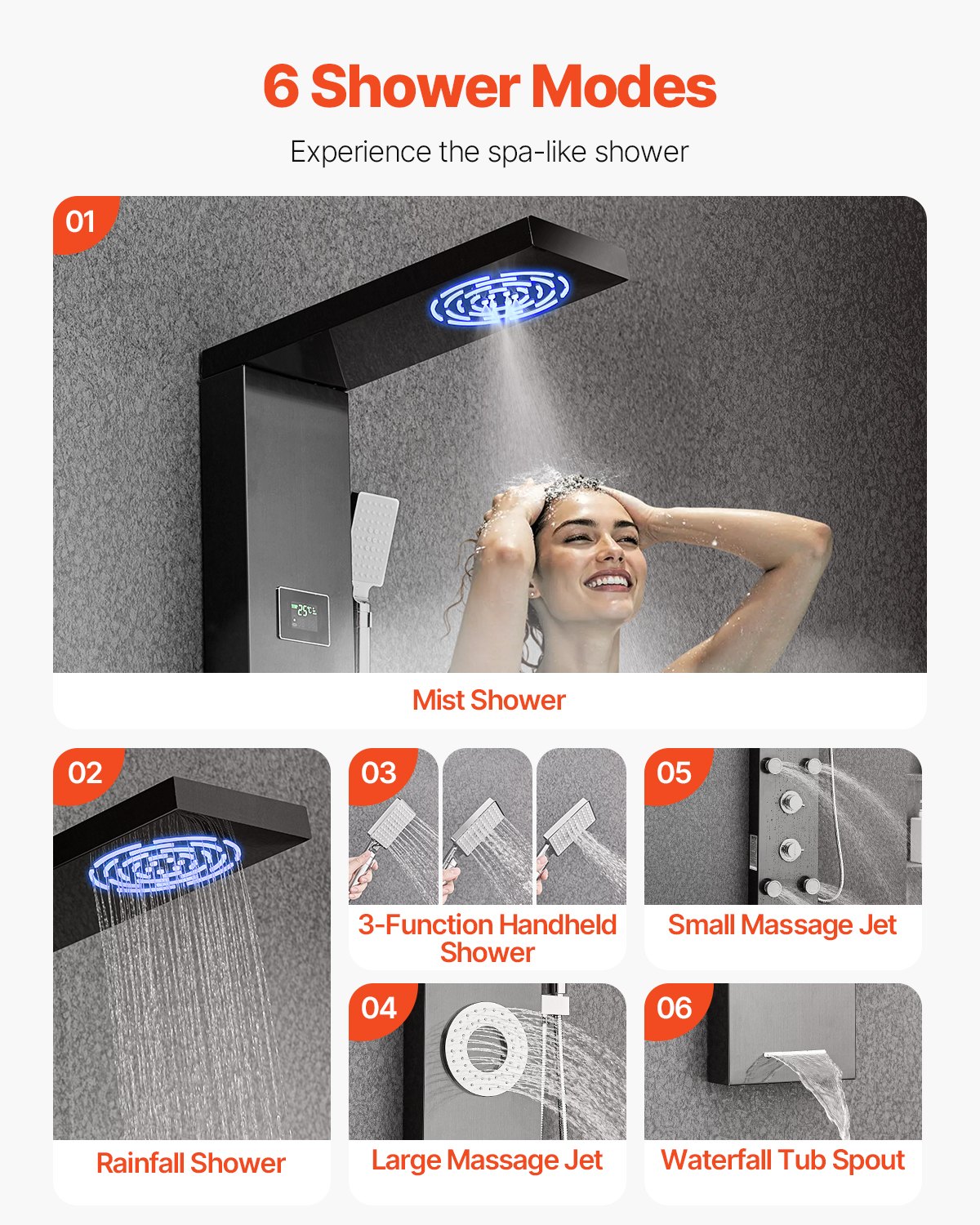 VEVOR Pannello Doccia con Sistema a Torre con Soffione a Pioggia, LED, Colonna Doccia in Acciaio Inox Spazzolato da 1345 mm Rubinetto a 6 Funzioni, con 5 Getti Corporei, Doccetta, Beccuccio per Vasca