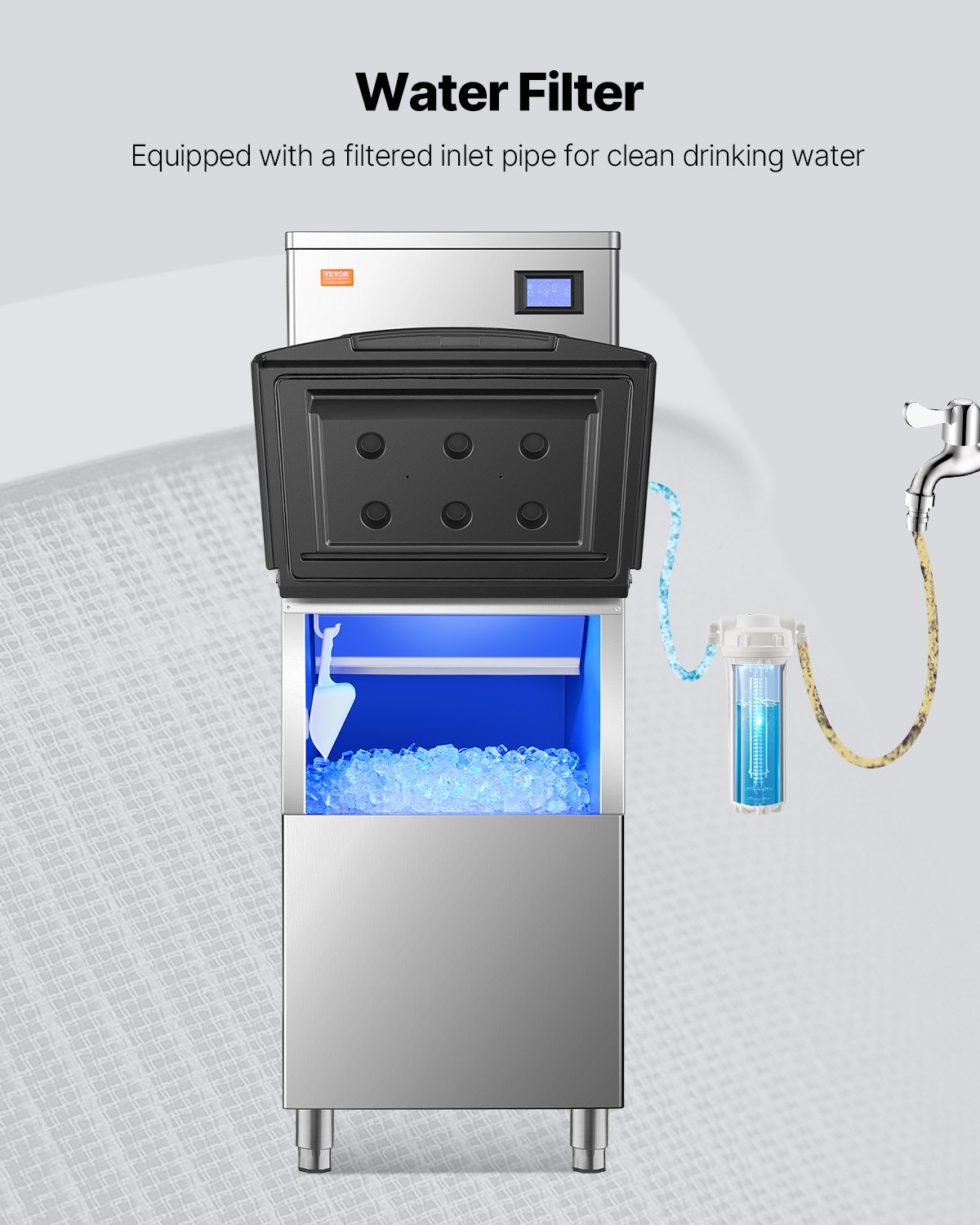 VEVOR Storage Container for Commercial Ice Cube Makers, Ice Container with 113.4 kg Capacity, Ice Storage Container with Filter & Non-Slip Rubber Feet, for Restaurants, Hotels, and Beverage Shops